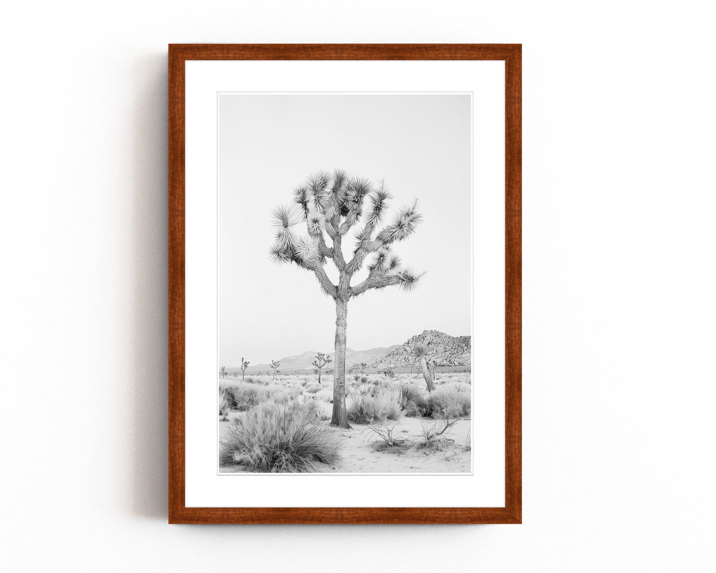 Black and white Joshua Tree art print featuring a desert landscape, perfect for contemporary and southwestern decor.