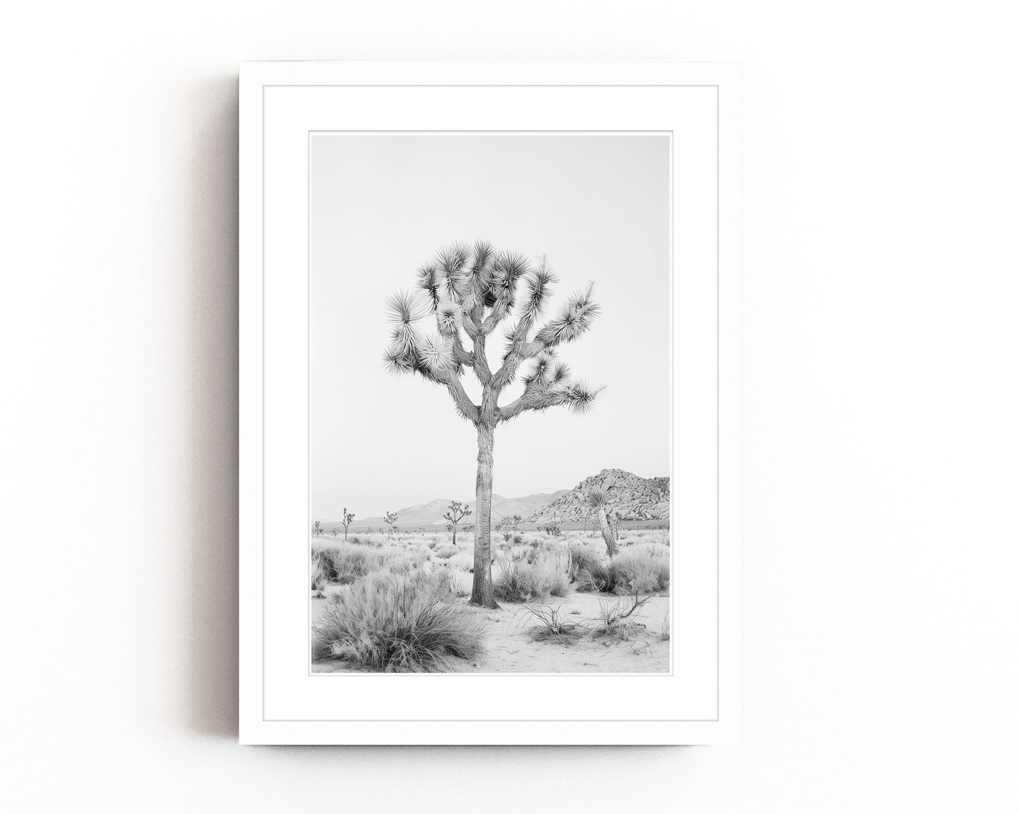 Black and white Joshua Tree art print featuring a desert landscape, perfect for contemporary and southwestern decor.