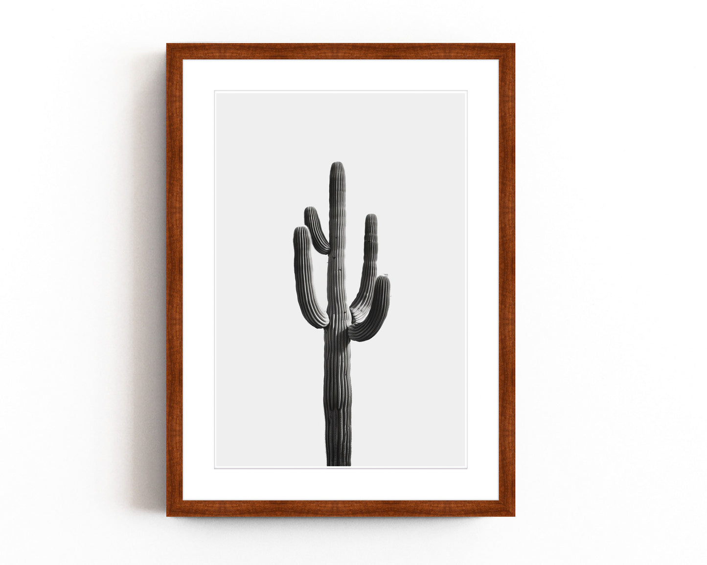 Black and white cactus art print featuring a minimalist design with a tall desert cactus on a plain white background. Perfect for southwestern-inspired decor and modern cactus wall art.
