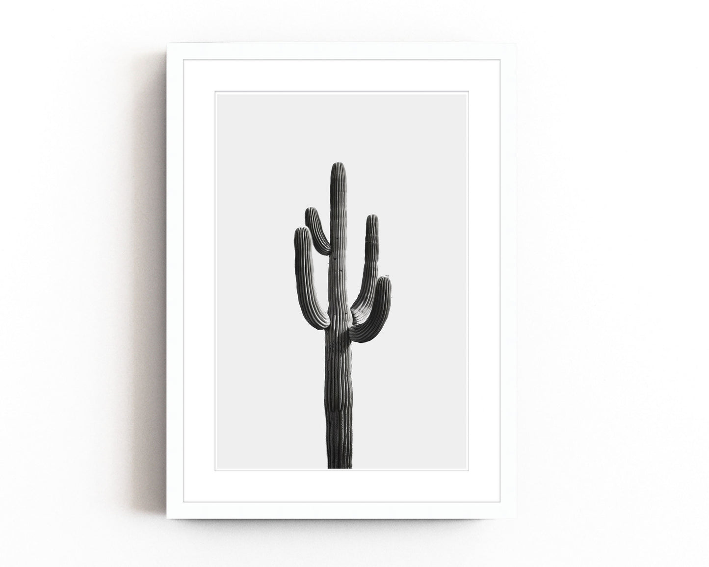 Black and white cactus art print featuring a minimalist design with a tall desert cactus on a plain white background. Perfect for southwestern-inspired decor and modern cactus wall art.