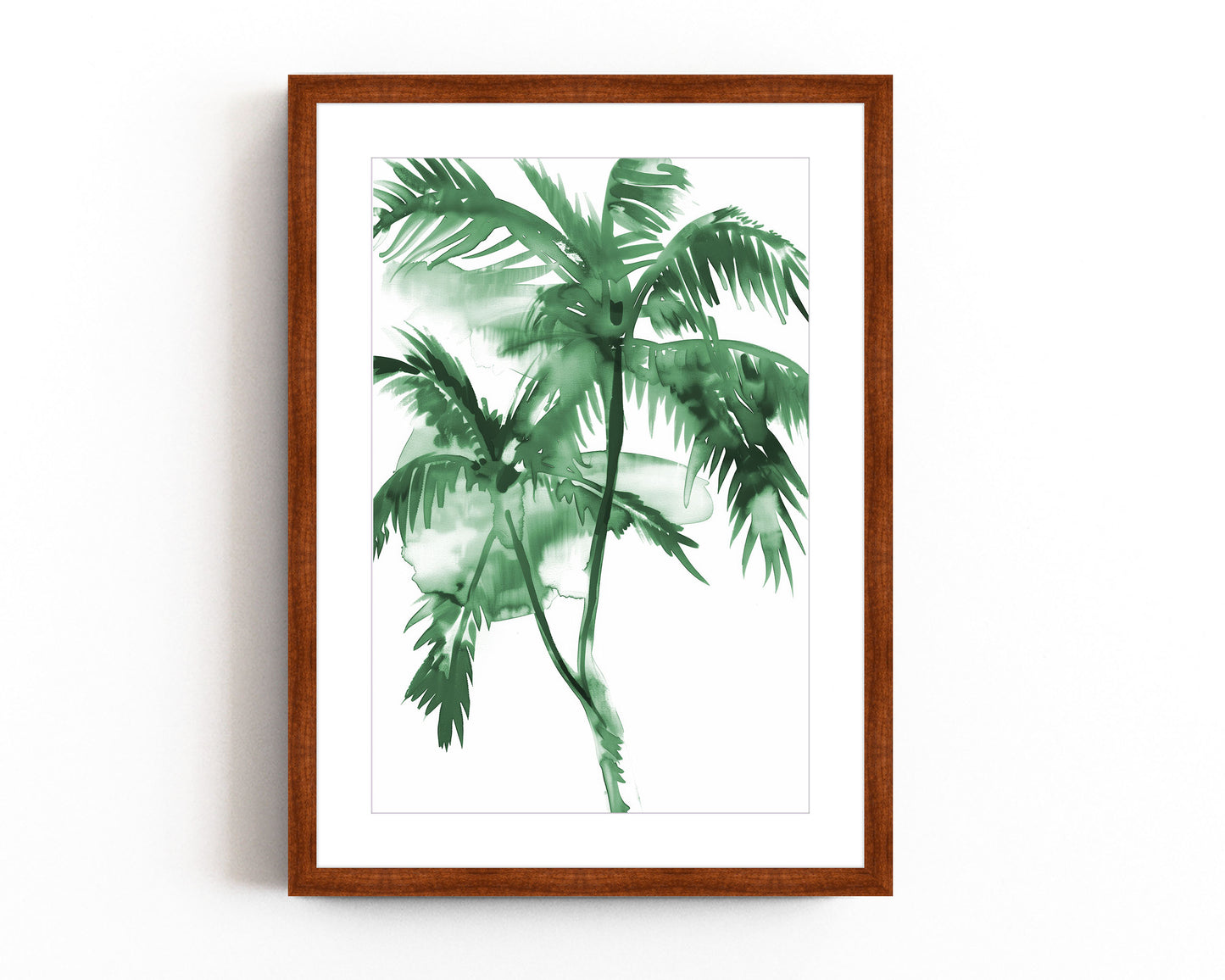 Green watercolor palm tree art print featuring tropical leaves in a minimalist style, perfect for modern nature-inspired decor.
