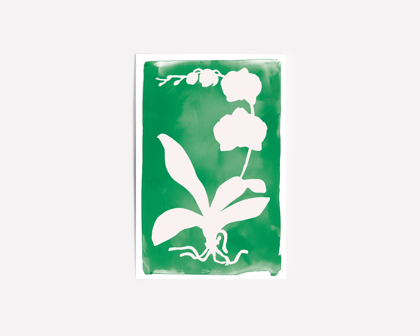Minimalist orchid leaf and flower silhouette in white on a vibrant green background, creating a contemporary botanical art print for home decor.