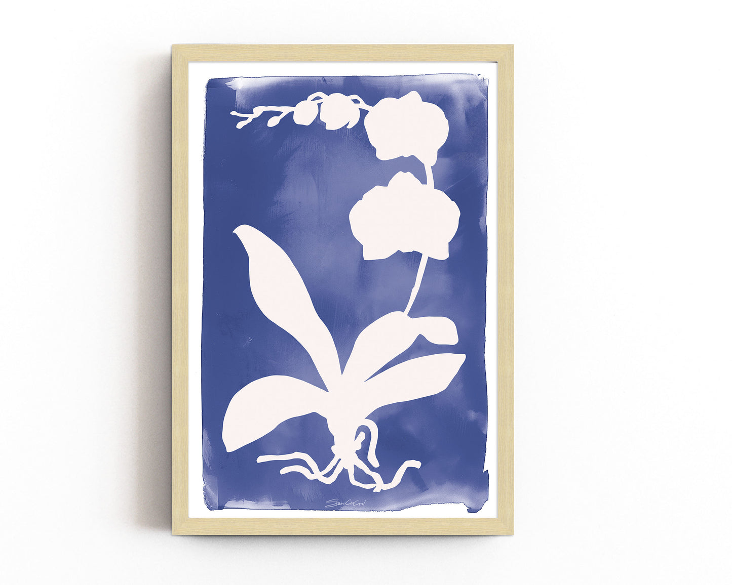 Minimalist orchid leaf and flower silhouette in white on a vibrant blue background, creating a contemporary botanical art print for home decor.