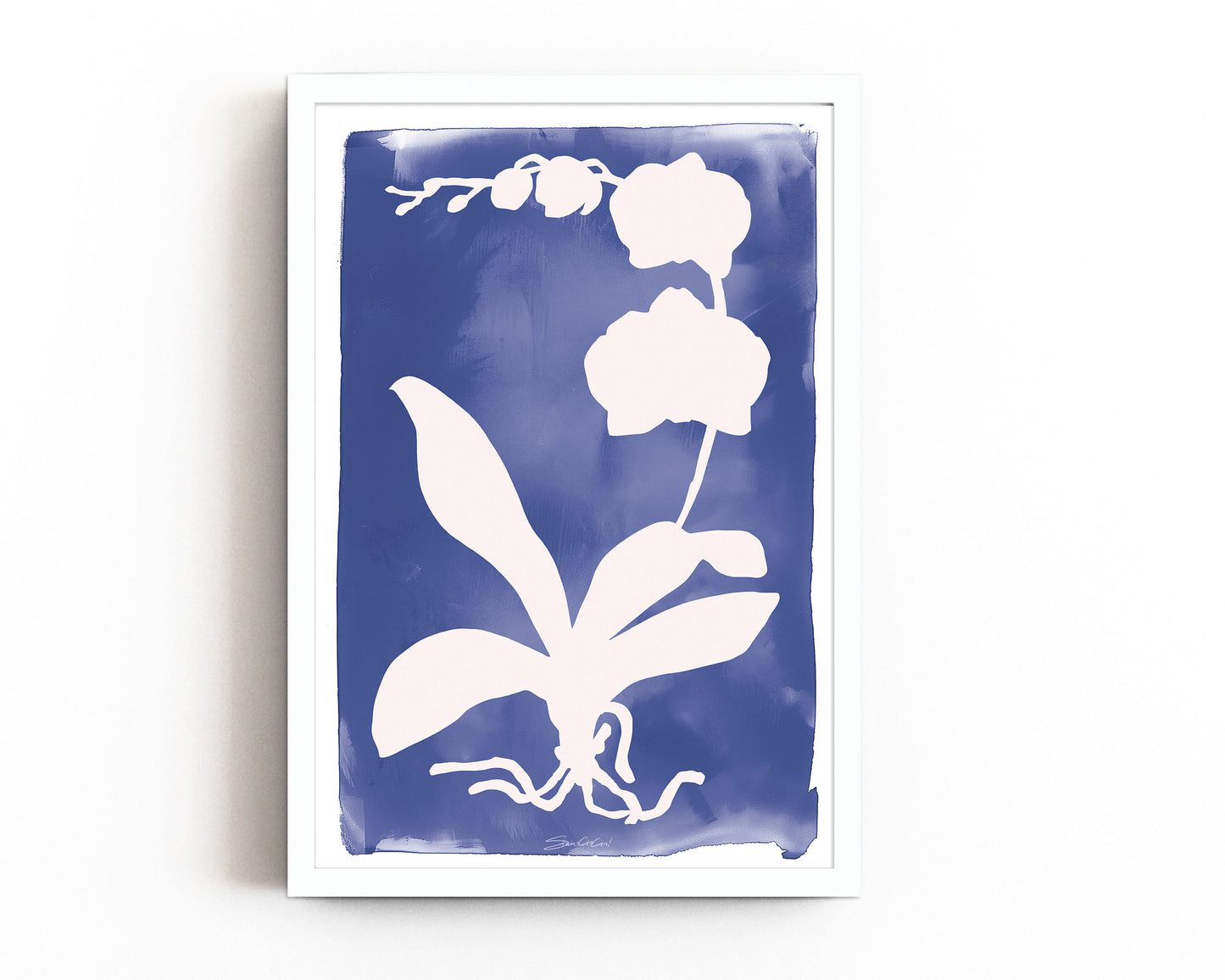 Minimalist orchid leaf and flower silhouette in white on a vibrant blue background, creating a contemporary botanical art print for home decor.