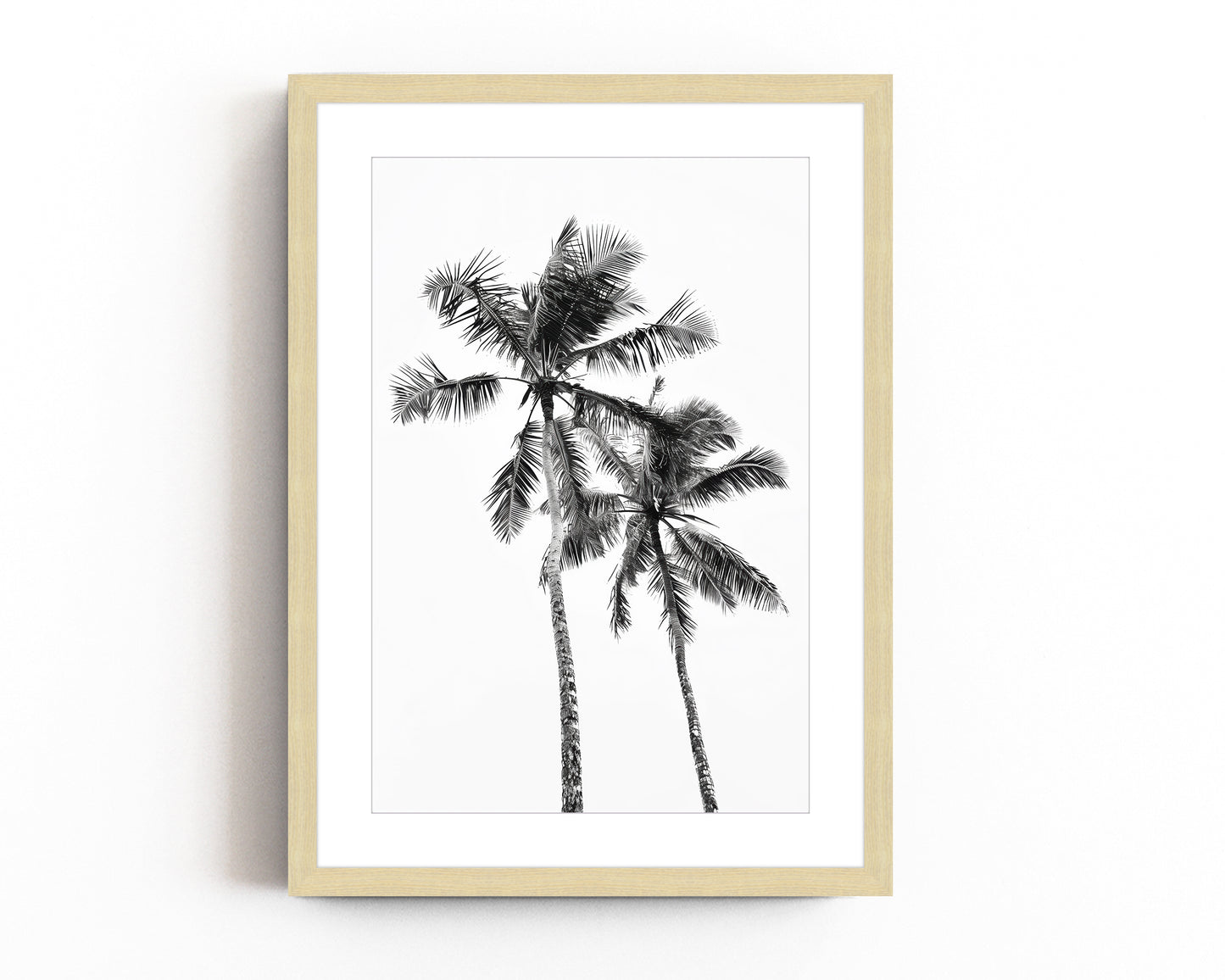 Monochrome black and white photograph of two palm trees set against a minimal sky, ideal for tropical-inspired modern home decor and nature wall art.