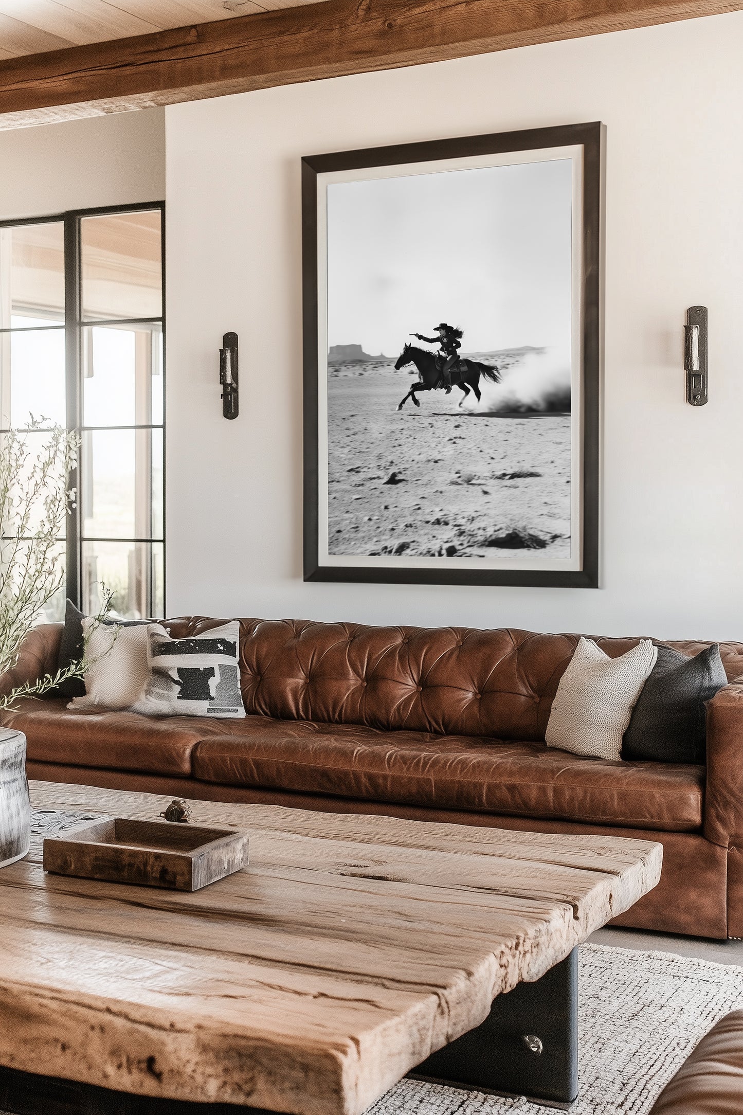 Black-and-white art print of a galloping cowboy in the desert, perfect for rustic western or minimalist home decor.
