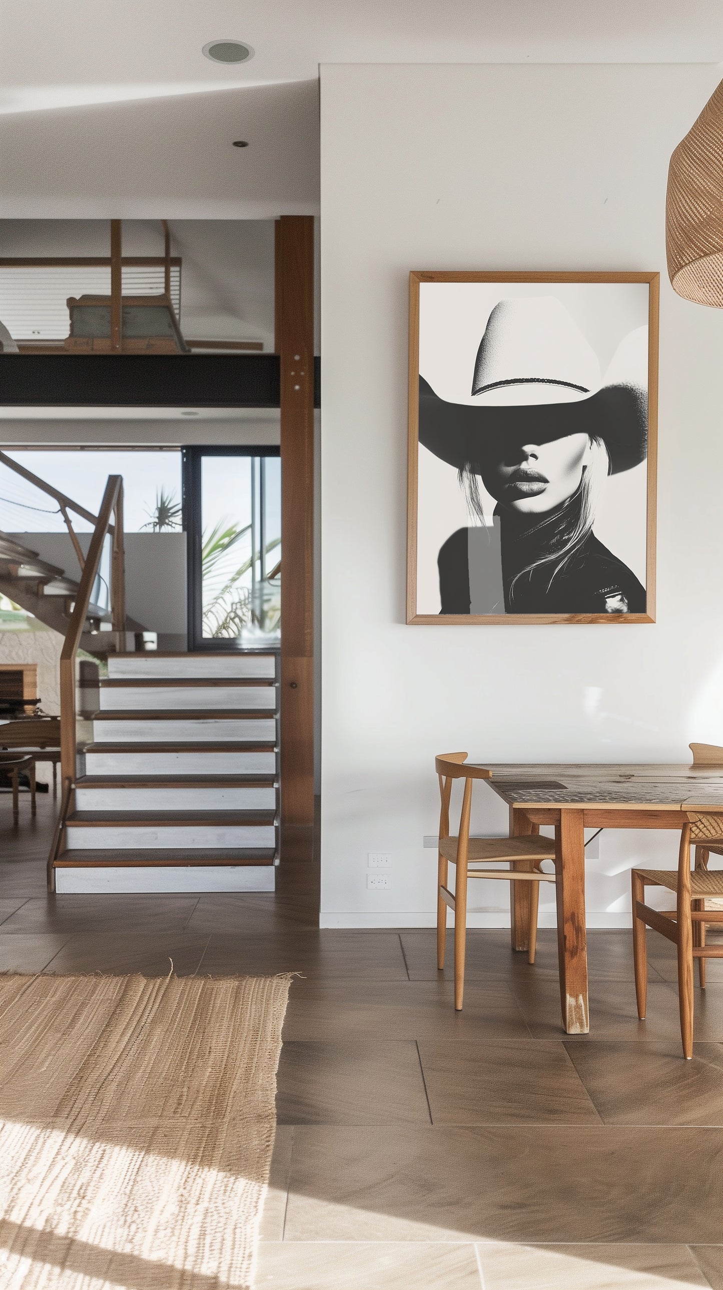 High-contrast black-and-white portrait of a model wearing a cowboy hat, blending minimalist western aesthetics with modern sophistication.