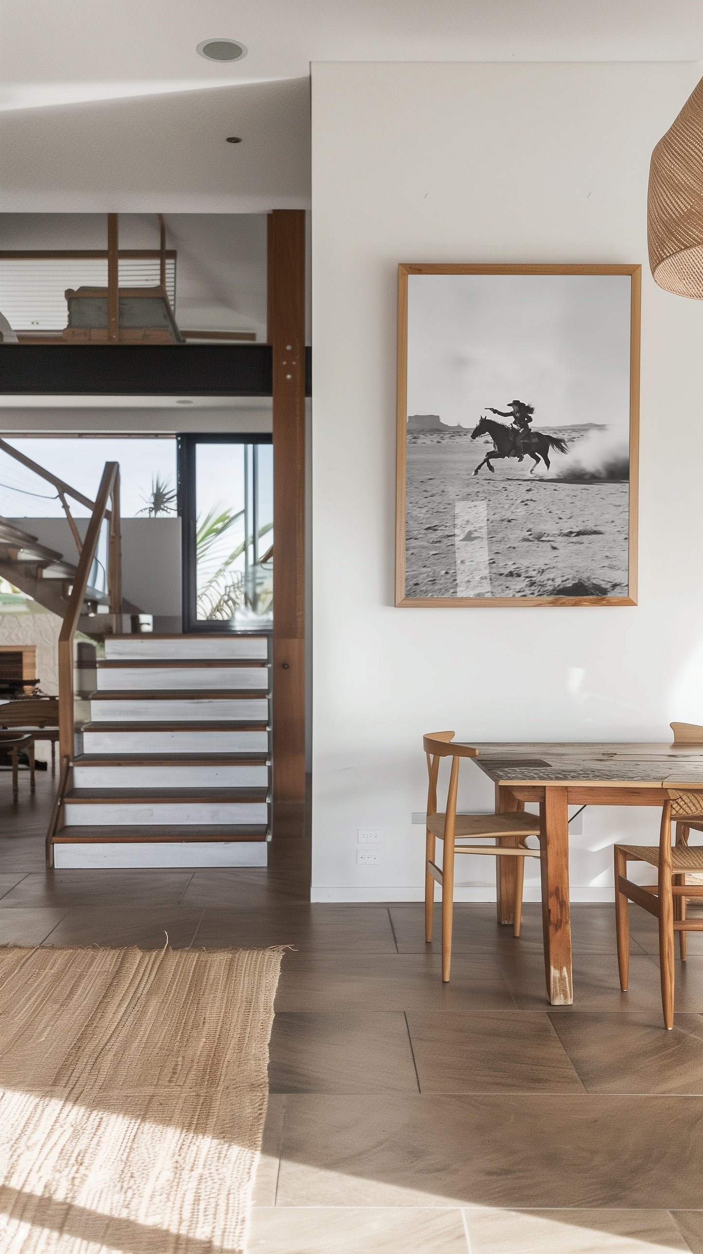 Black-and-white art print of a galloping cowboy in the desert, perfect for rustic western or minimalist home decor.