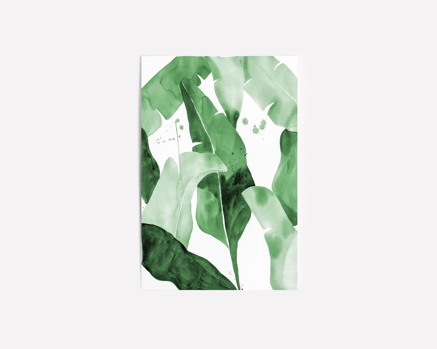 Watercolor painting of lush green tropical banana leaves with overlapping layers in various shades of green. Modern minimalist botanical artwork with subtle paint splatters, ideal for nature-inspired home decor