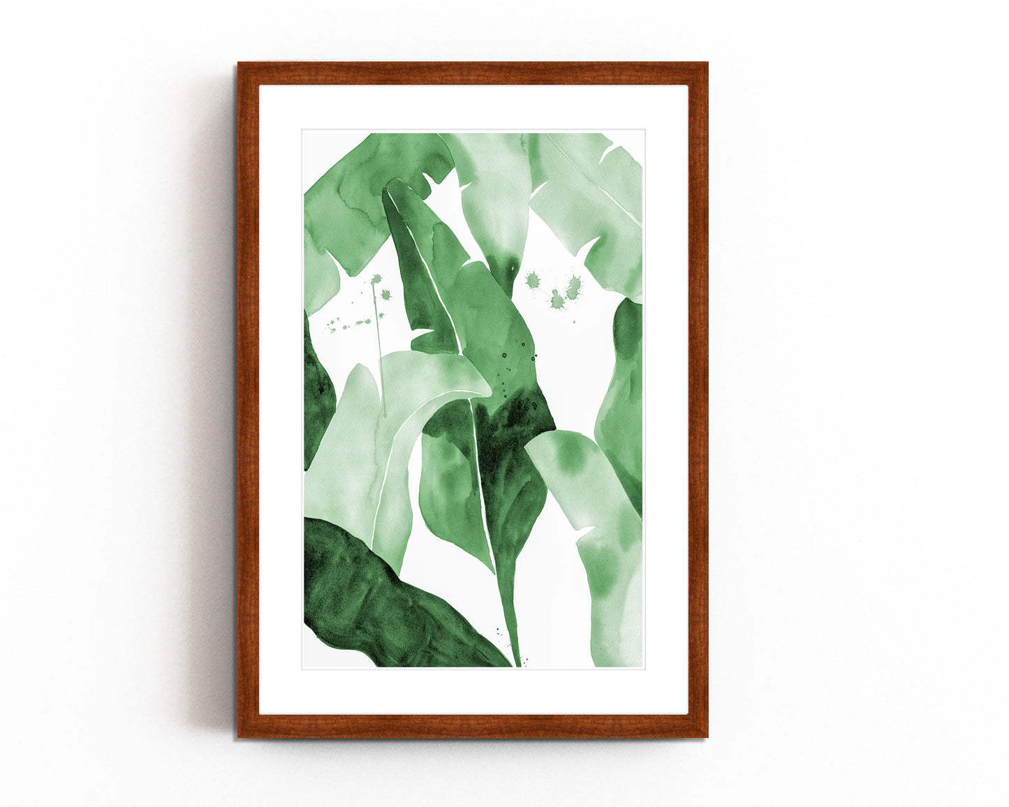 Watercolor painting of lush green tropical banana leaves with overlapping layers in various shades of green. Modern minimalist botanical artwork with subtle paint splatters, ideal for nature-inspired home decor