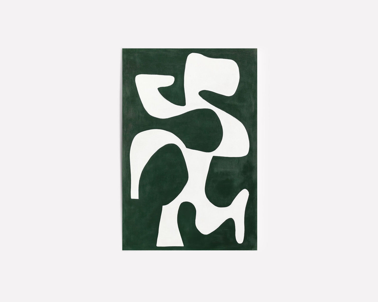 An abstract art print featuring bold white geometric shapes against a deep green background, perfect for modern and minimalist decor.