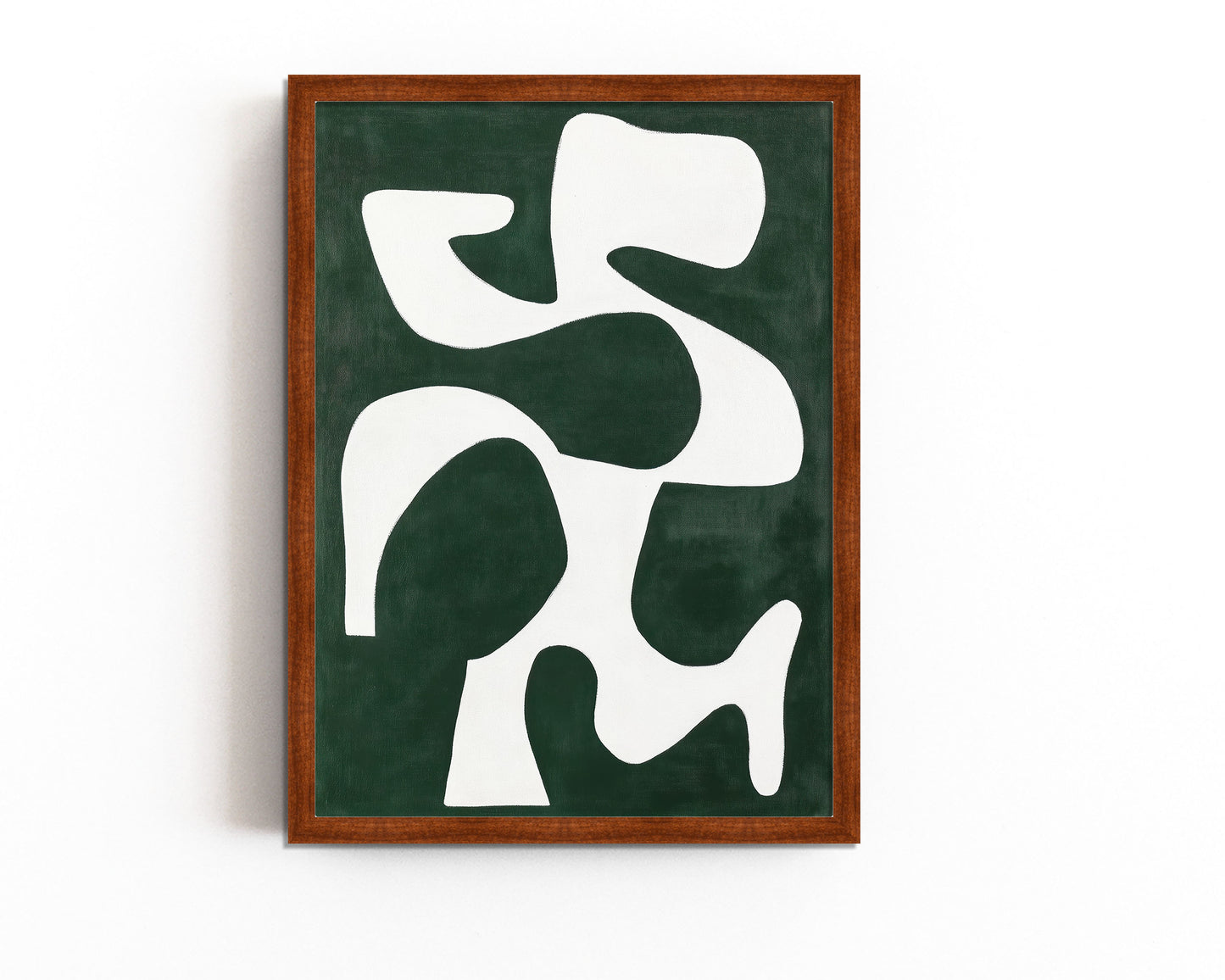 An abstract art print featuring bold white geometric shapes against a deep green background, perfect for modern and minimalist decor.