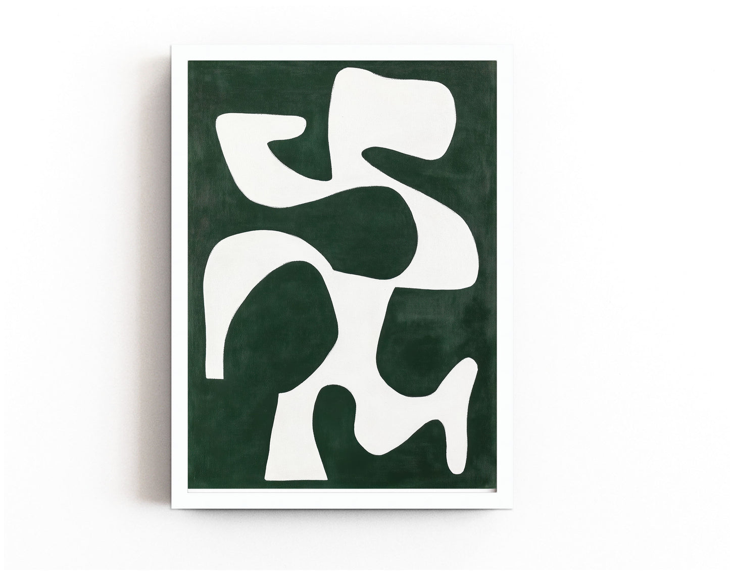 An abstract art print featuring bold white geometric shapes against a deep green background, perfect for modern and minimalist decor.