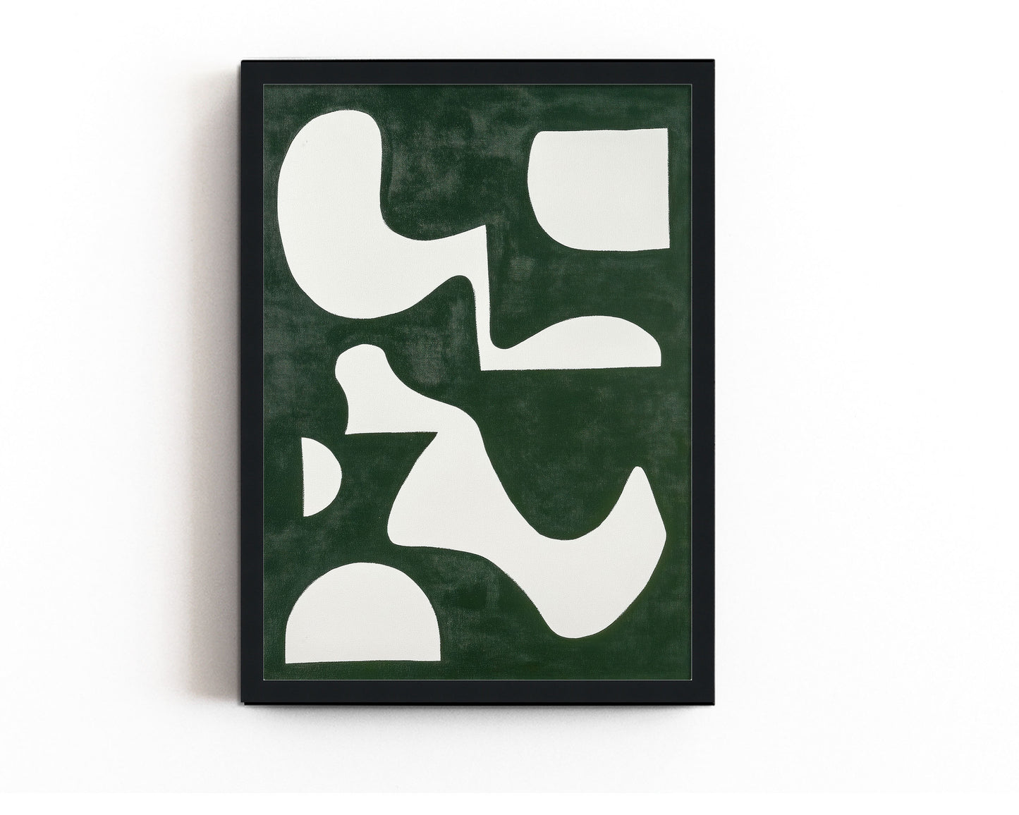 An abstract art print featuring bold white geometric shapes on a rich green background, perfect for modern and minimalist decor.