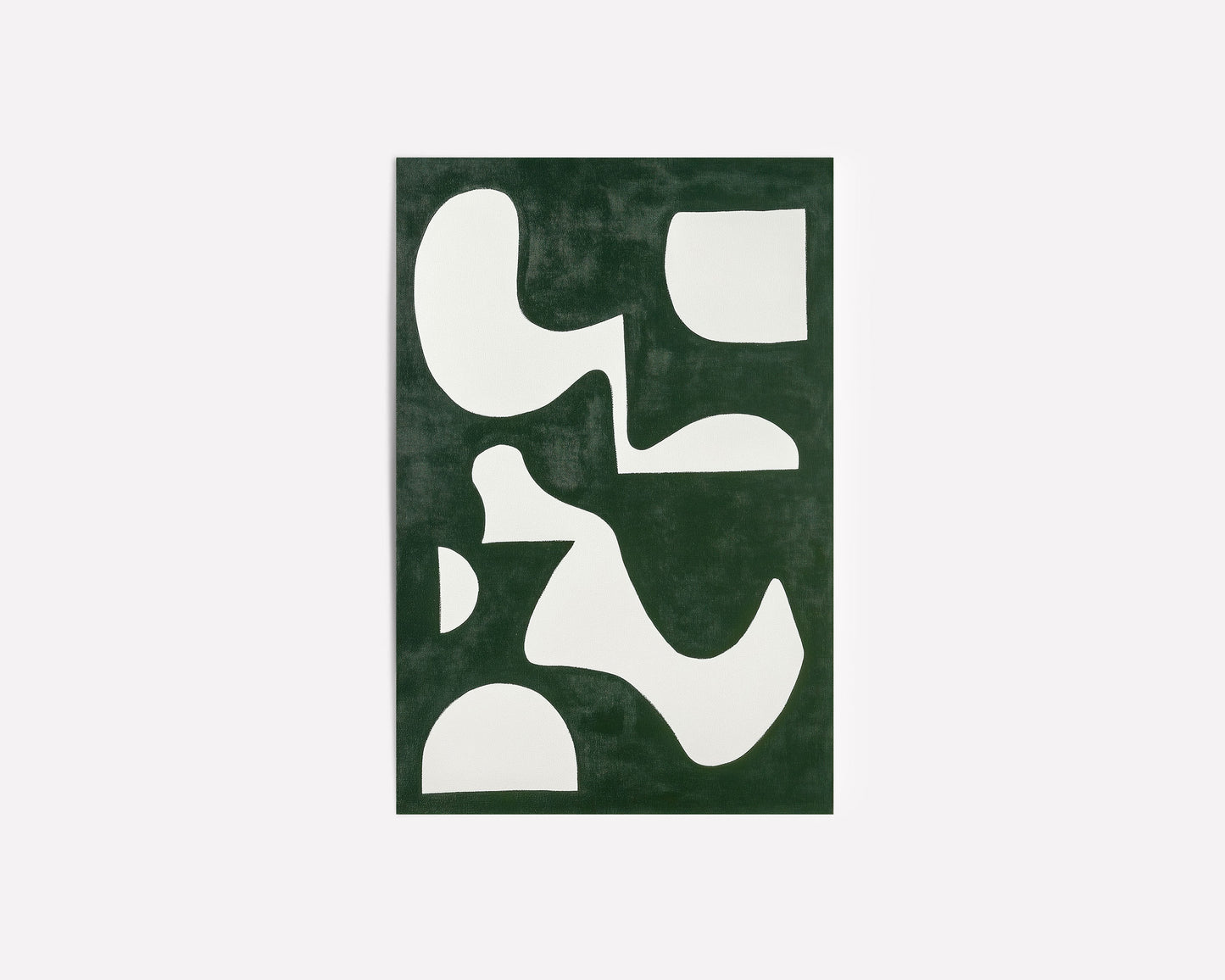 An abstract art print featuring bold white geometric shapes on a rich green background, perfect for modern and minimalist decor.