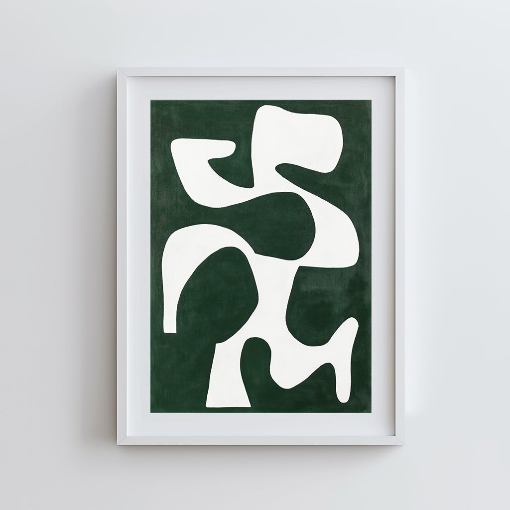 An abstract art print featuring bold white geometric shapes against a deep green background, perfect for modern and minimalist decor.
