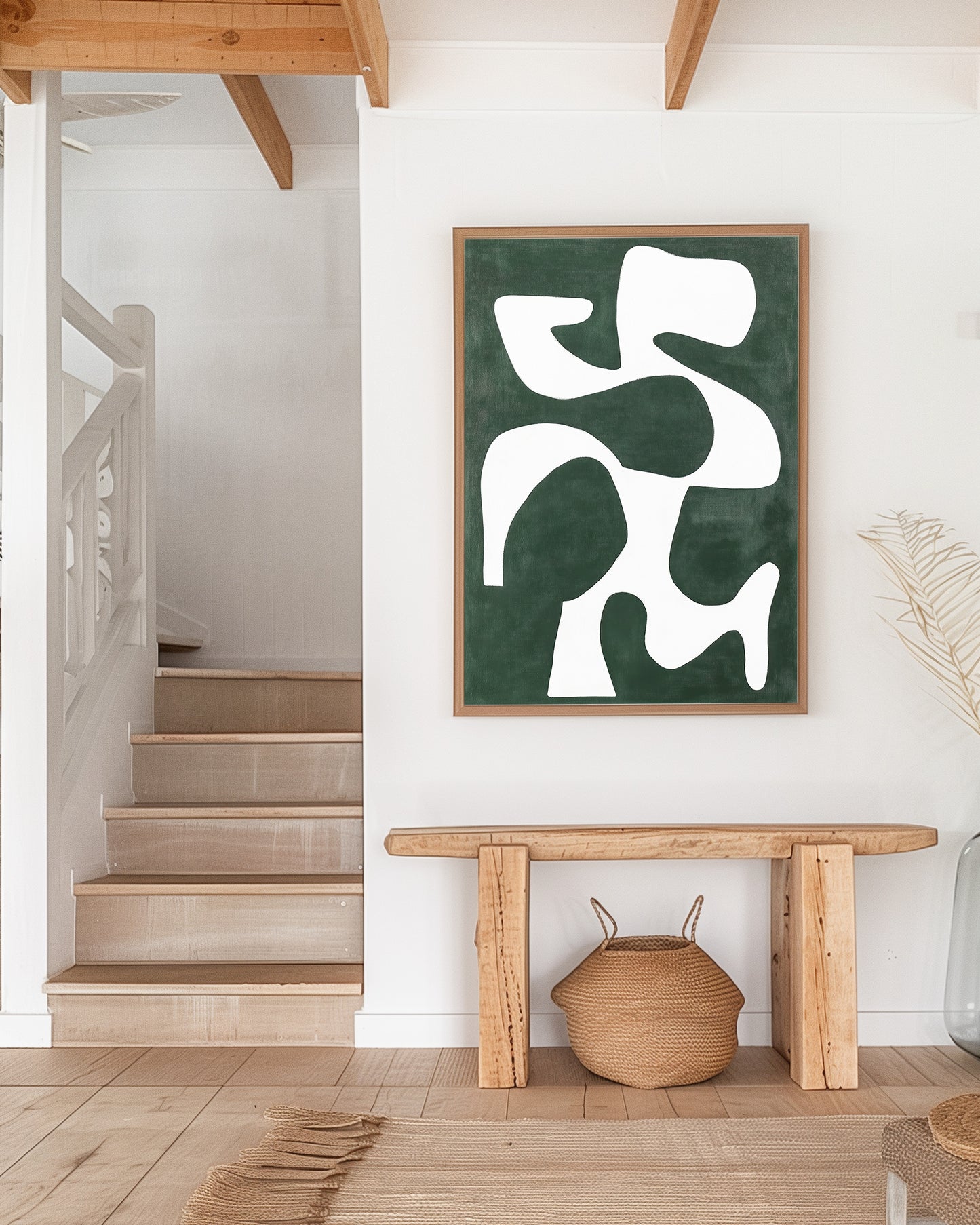 An abstract art print featuring bold white geometric shapes against a deep green background, perfect for modern and minimalist decor.