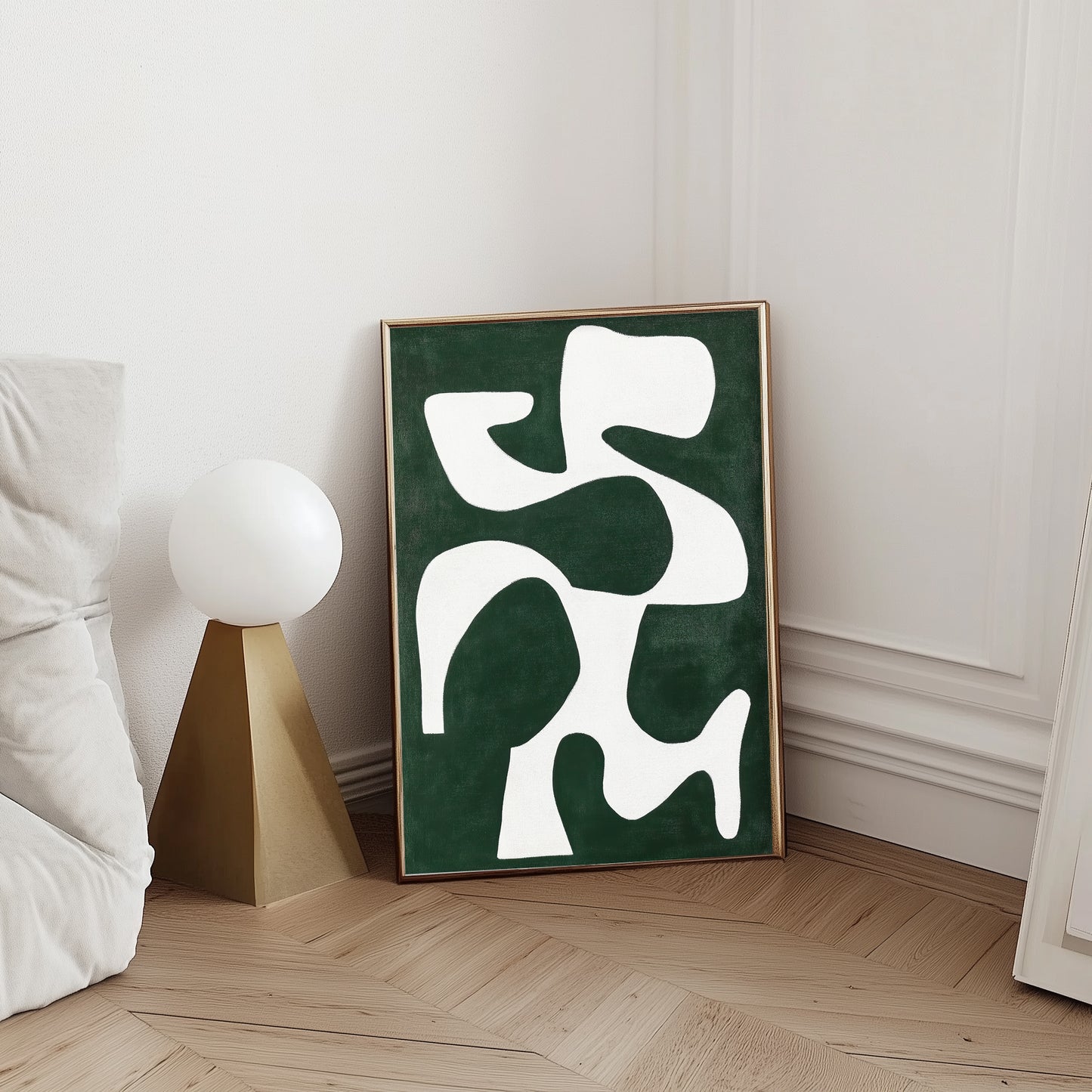An abstract art print featuring bold white geometric shapes against a deep green background, perfect for modern and minimalist decor.