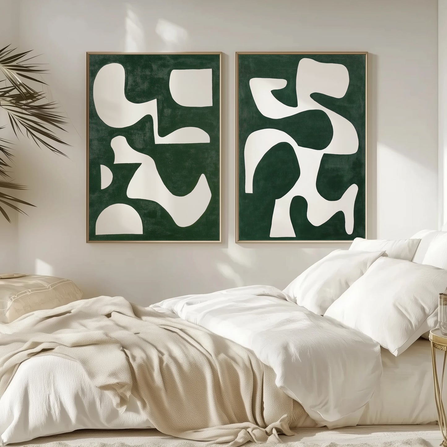 An abstract art print featuring bold white geometric shapes against a deep green background, perfect for modern and minimalist decor.