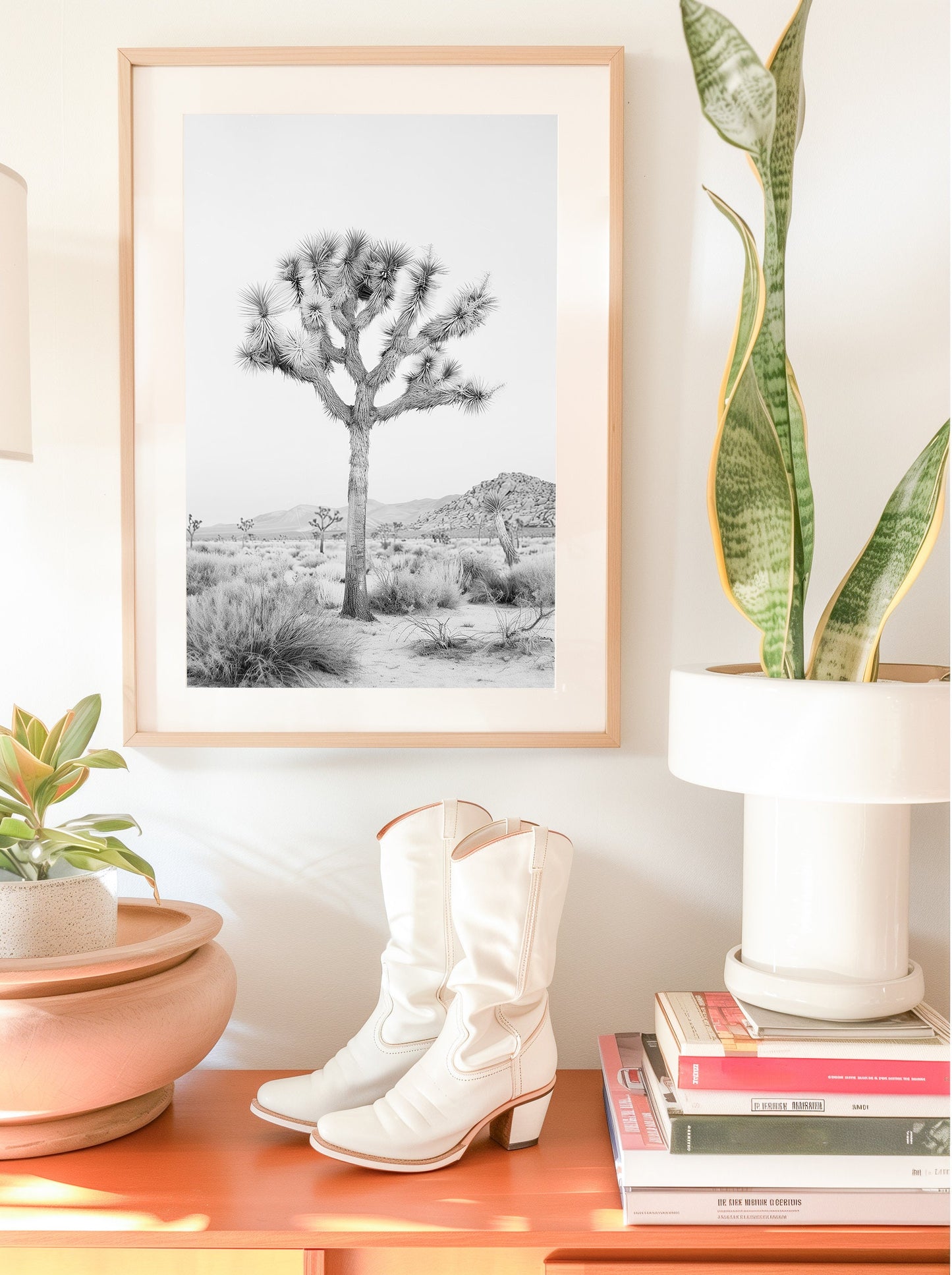Black and white Joshua Tree art print featuring a desert landscape, perfect for contemporary and southwestern decor.