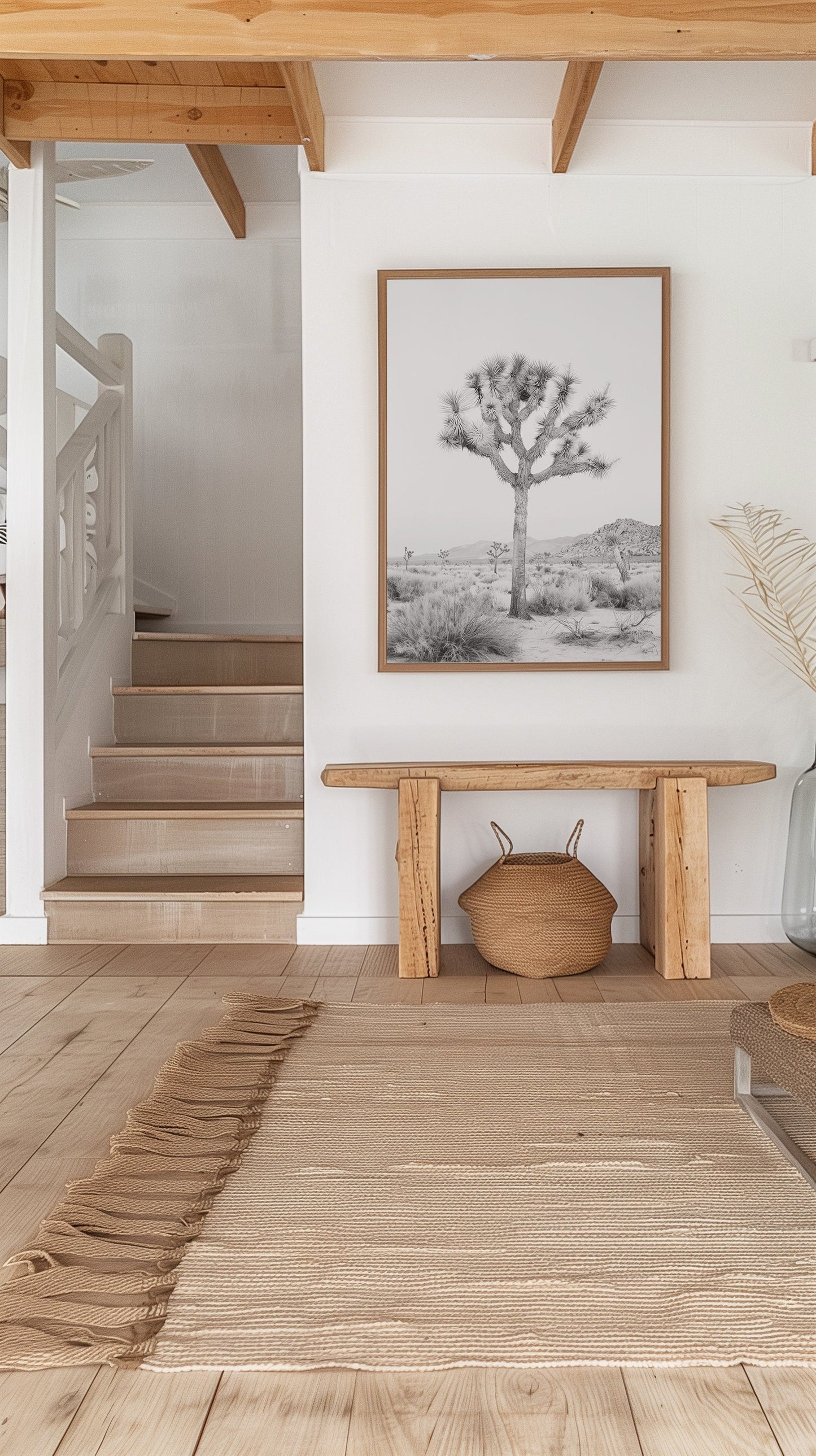 Black and white Joshua Tree art print featuring a desert landscape, perfect for contemporary and southwestern decor.