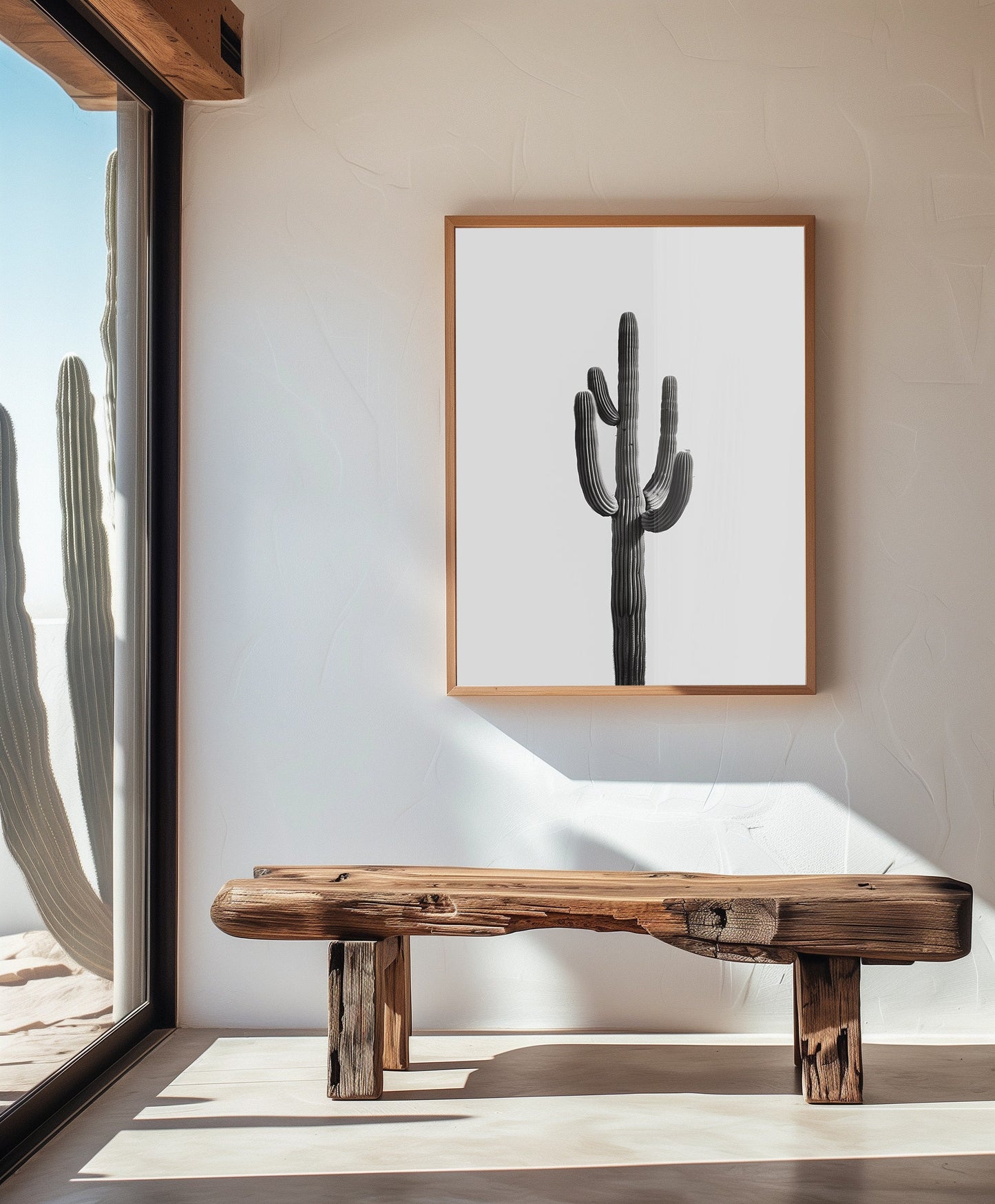 Black and white cactus art print featuring a minimalist design with a tall desert cactus on a plain white background. Perfect for southwestern-inspired decor and modern cactus wall art.