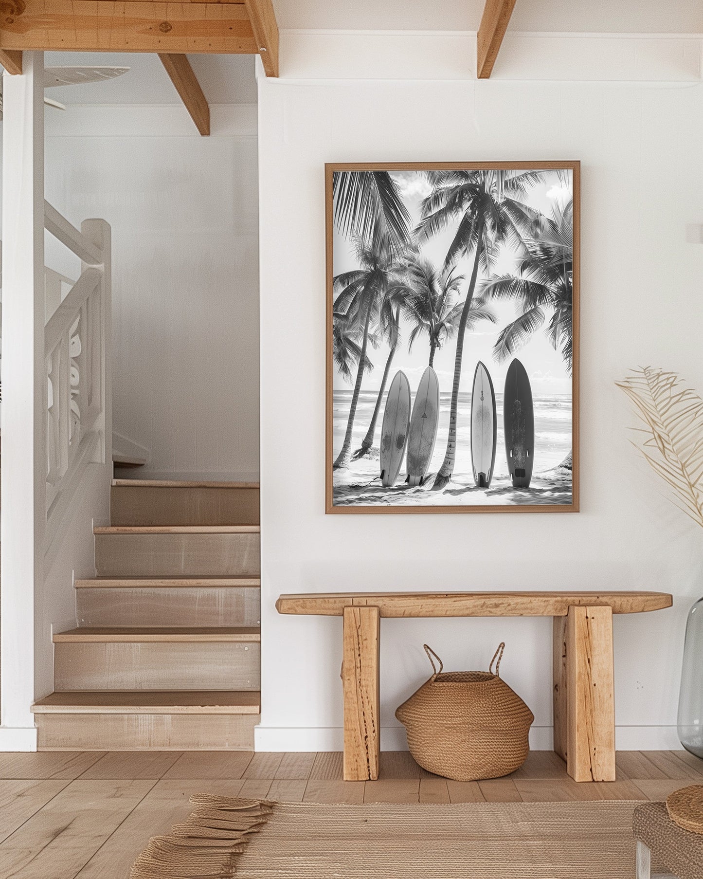 Black and white coastal wall art featuring surfboards lined up against palm trees on a tropical beach, capturing the vintage beach photography style and minimalist coastal decor.