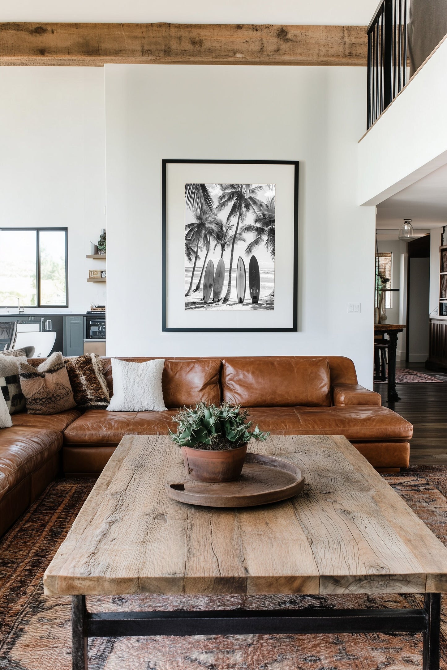 Black and white coastal wall art featuring surfboards lined up against palm trees on a tropical beach, capturing the vintage beach photography style and minimalist coastal decor.