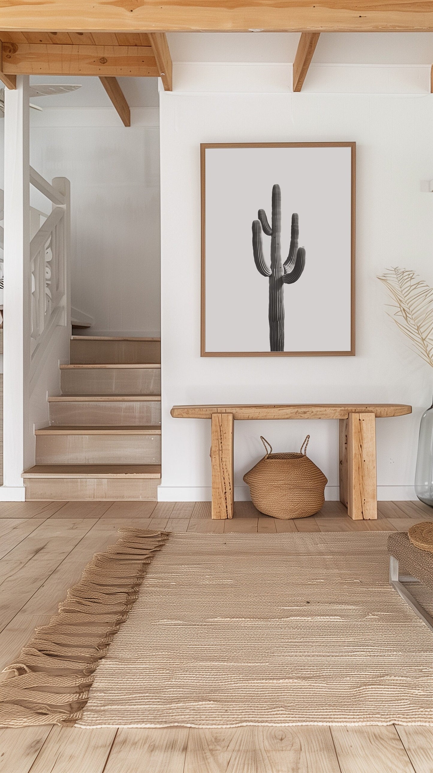 Black and white cactus art print featuring a minimalist design with a tall desert cactus on a plain white background. Perfect for southwestern-inspired decor and modern cactus wall art.