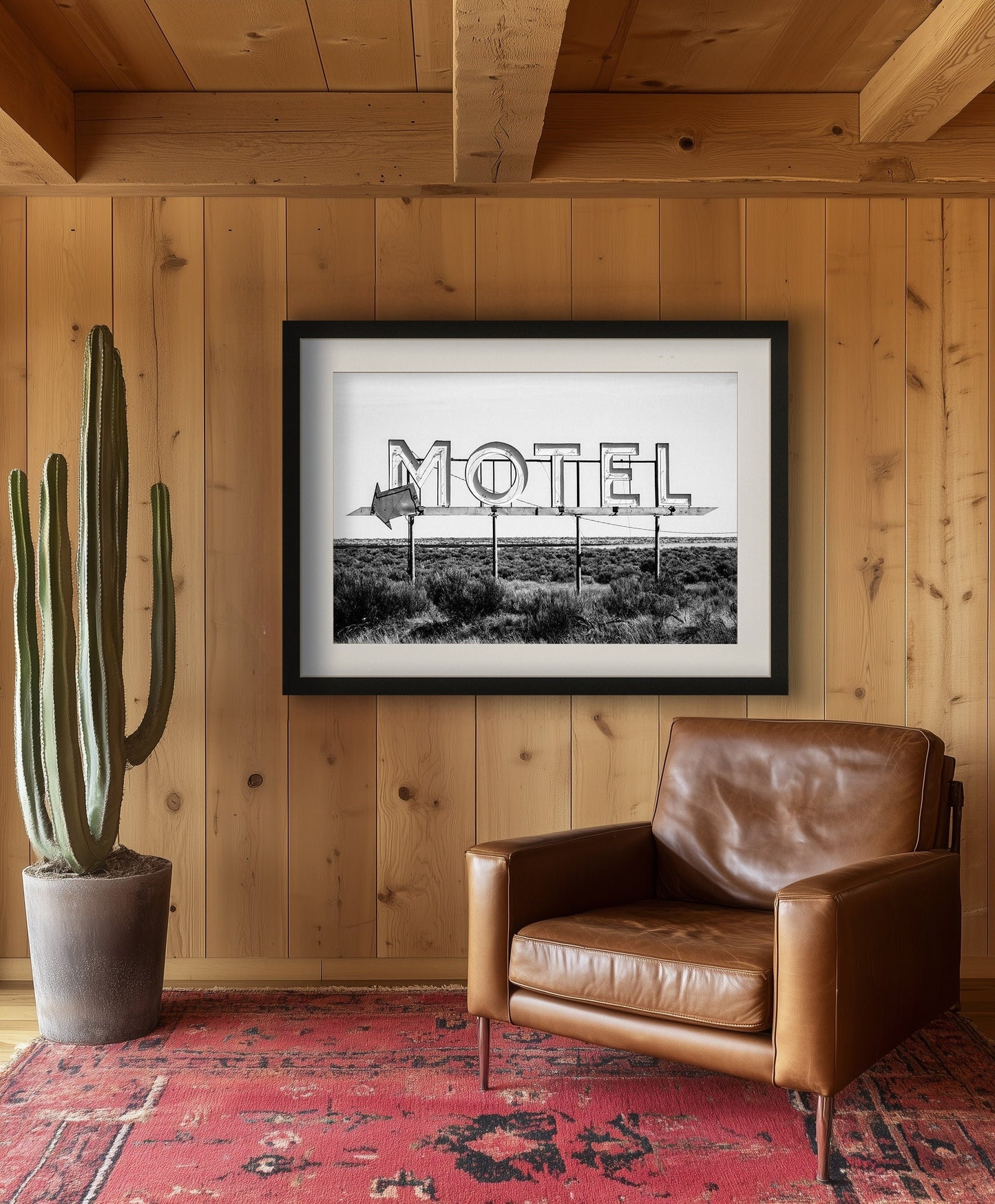 Vintage motel sign art print in black and white featuring a nostalgic roadside sign. Perfect for retro roadside decor, western-inspired art, and vintage wall photography