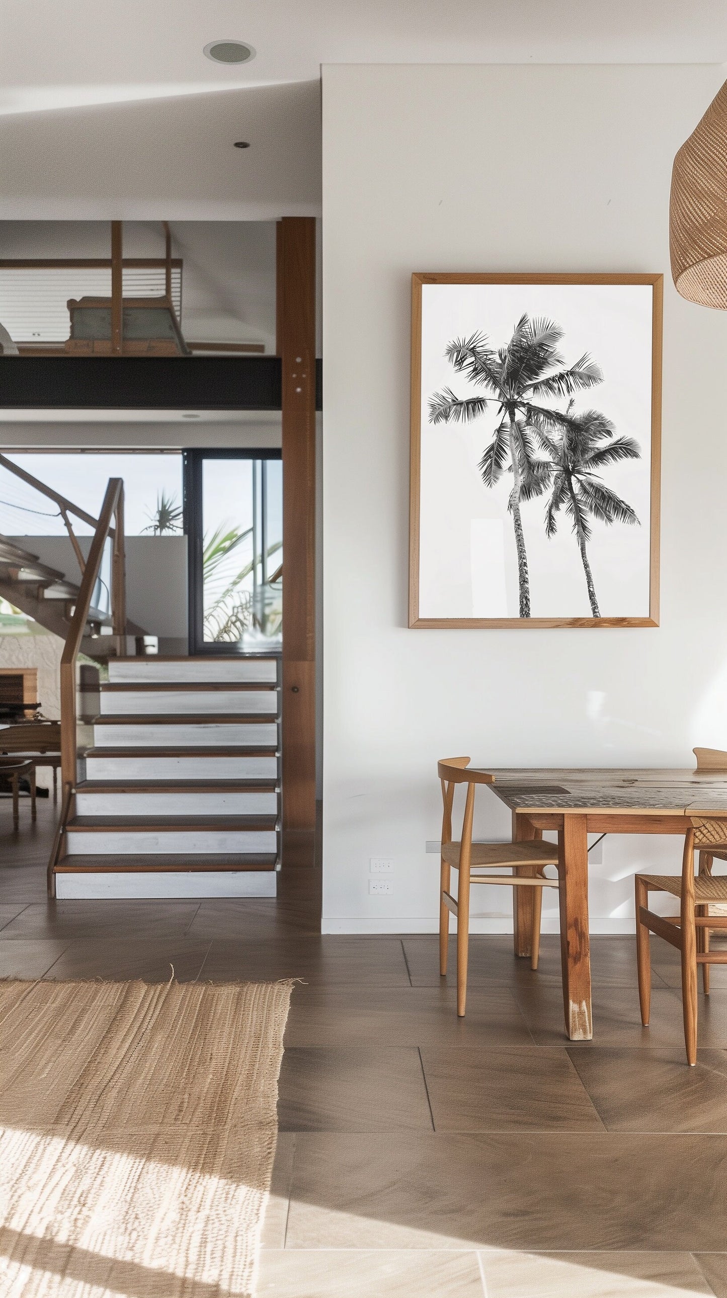 Monochrome black and white photograph of two palm trees set against a minimal sky, ideal for tropical-inspired modern home decor and nature wall art, shown in a beach house as wall art