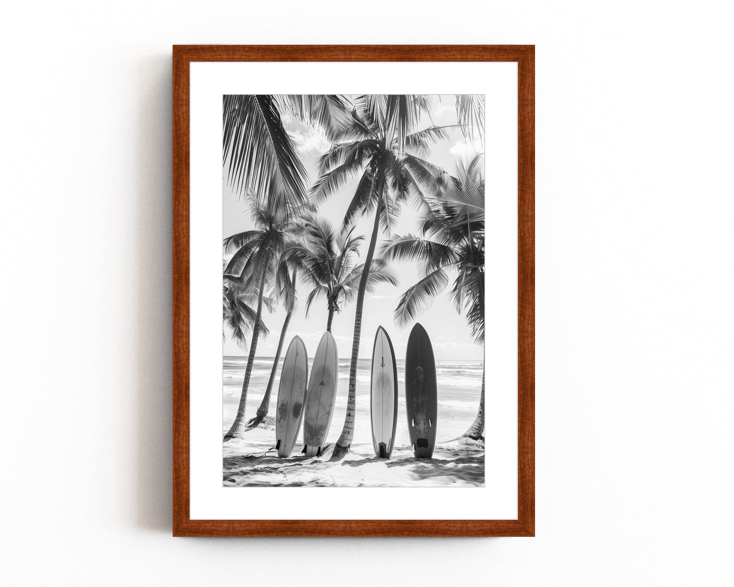 Black and white coastal wall art featuring surfboards lined up against palm trees on a tropical beach, capturing the vintage beach photography style and minimalist coastal decor.