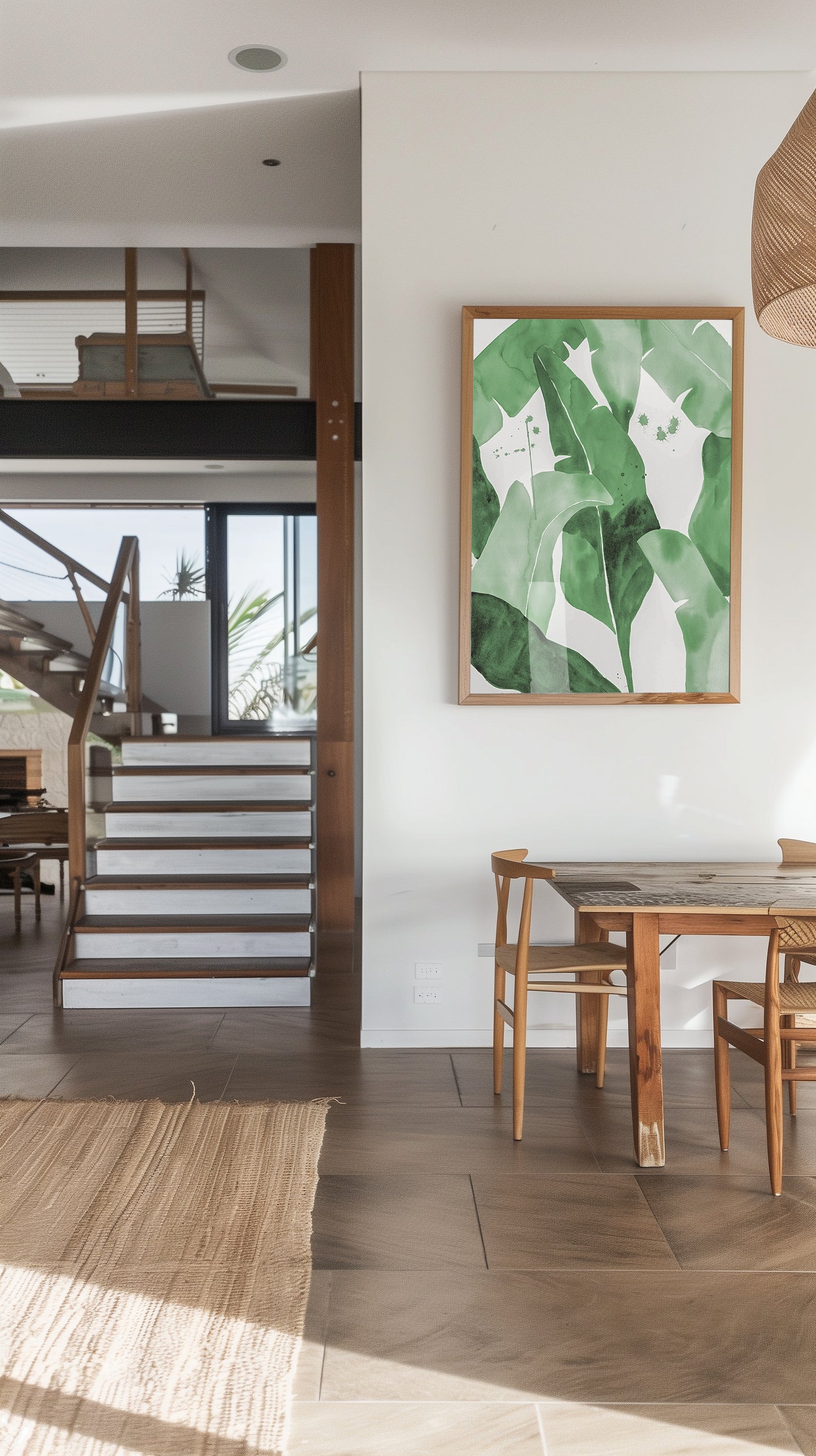 Watercolor painting of lush green tropical banana leaves with overlapping layers in various shades of green. Modern minimalist botanical artwork with subtle paint splatters, ideal for nature-inspired home decor