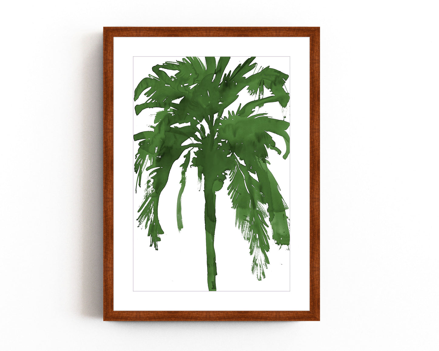 Bold green palm tree silhouette art print in a minimalist style on a white background. Perfect for tropical, coastal, or nature-inspired decor, this abstract botanical print adds a vibrant and modern touch to any space.