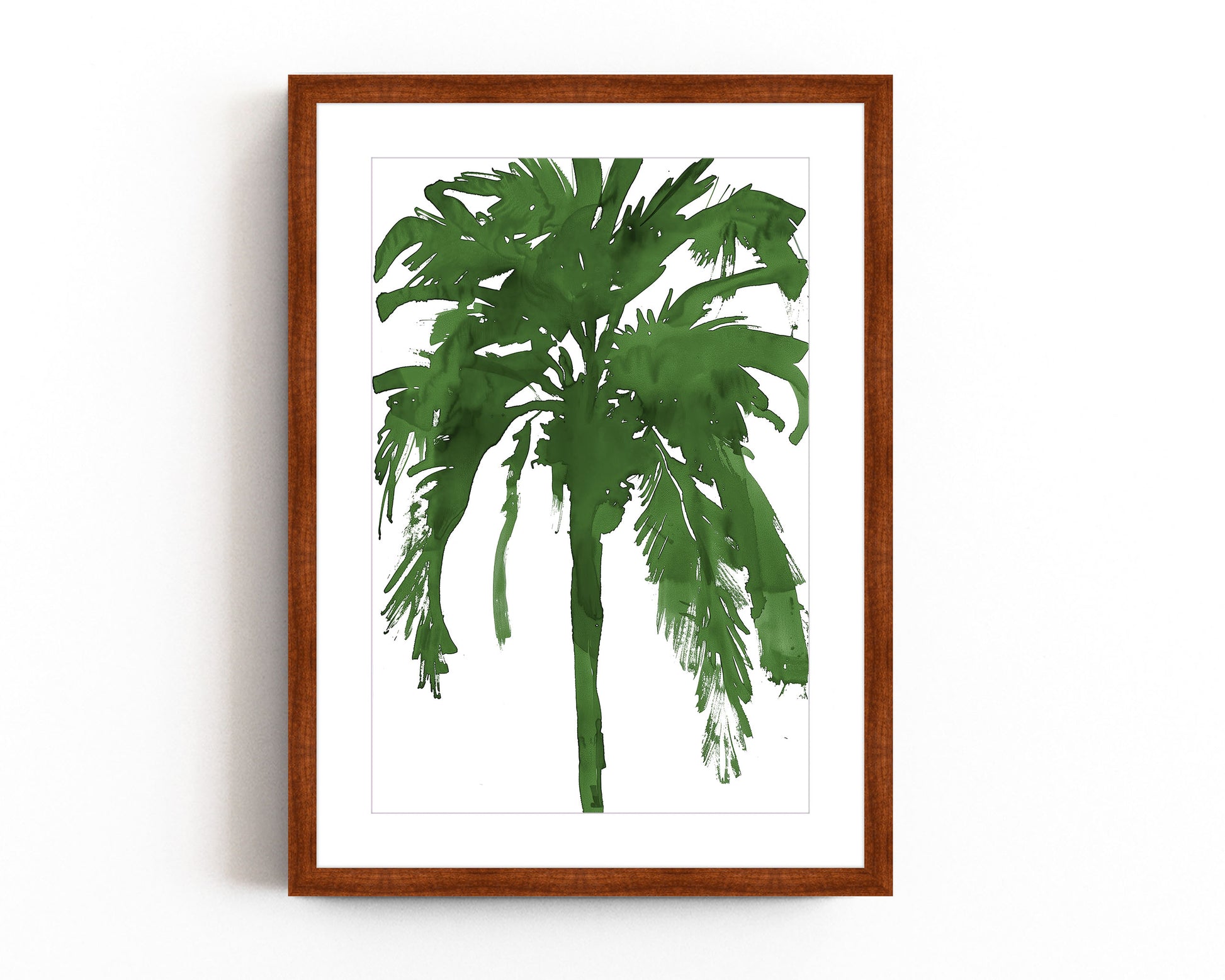 Bold green palm tree silhouette art print in a minimalist style on a white background. Perfect for tropical, coastal, or nature-inspired decor, this abstract botanical print adds a vibrant and modern touch to any space.