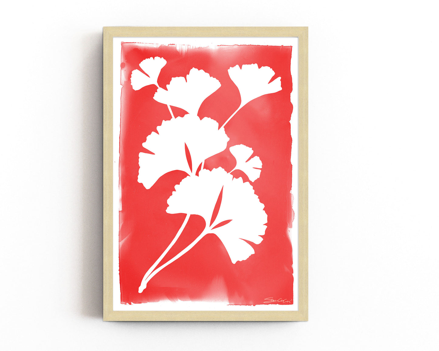 Botanical art print featuring minimalist ginkgo leaf silhouette in red and white, perfect for nature-inspired and large size wall art.