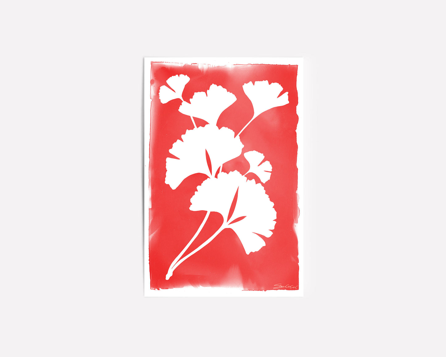 Botanical art print featuring minimalist ginkgo leaf silhouette in red and white, perfect for nature-inspired and large size wall art.