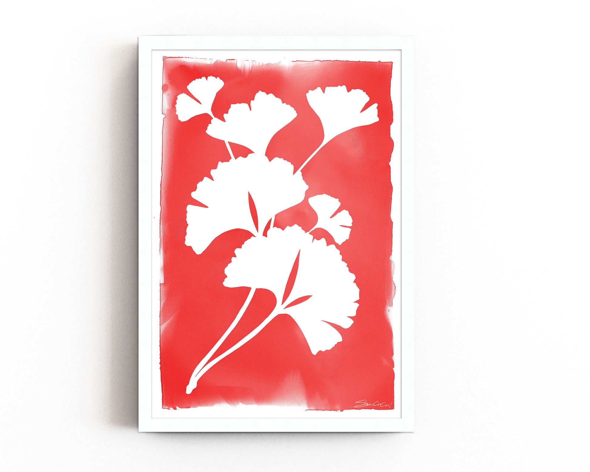 Botanical art print featuring minimalist ginkgo leaf silhouette in red and white, perfect for nature-inspired and large size wall art.