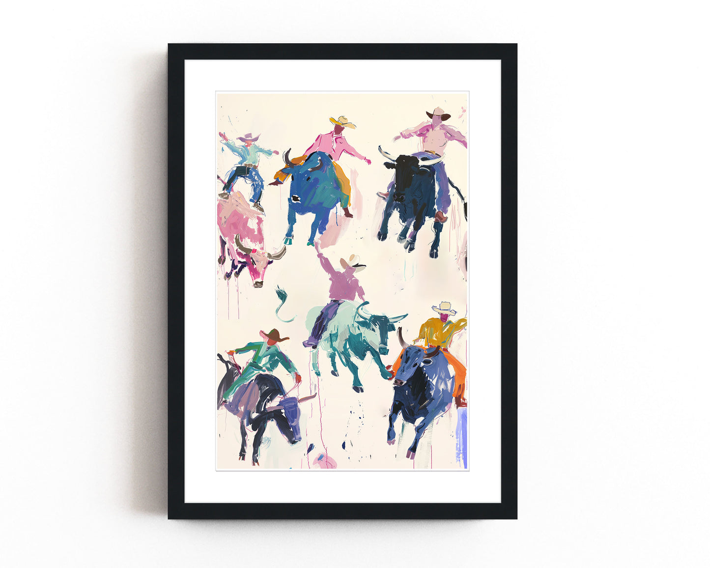 Colorful rodeo art print featuring vibrant cowboys riding bulls in a playful, abstract style. Perfect for modern western decor, contemporary rodeo wall art, and bold cowboy-inspired decor.