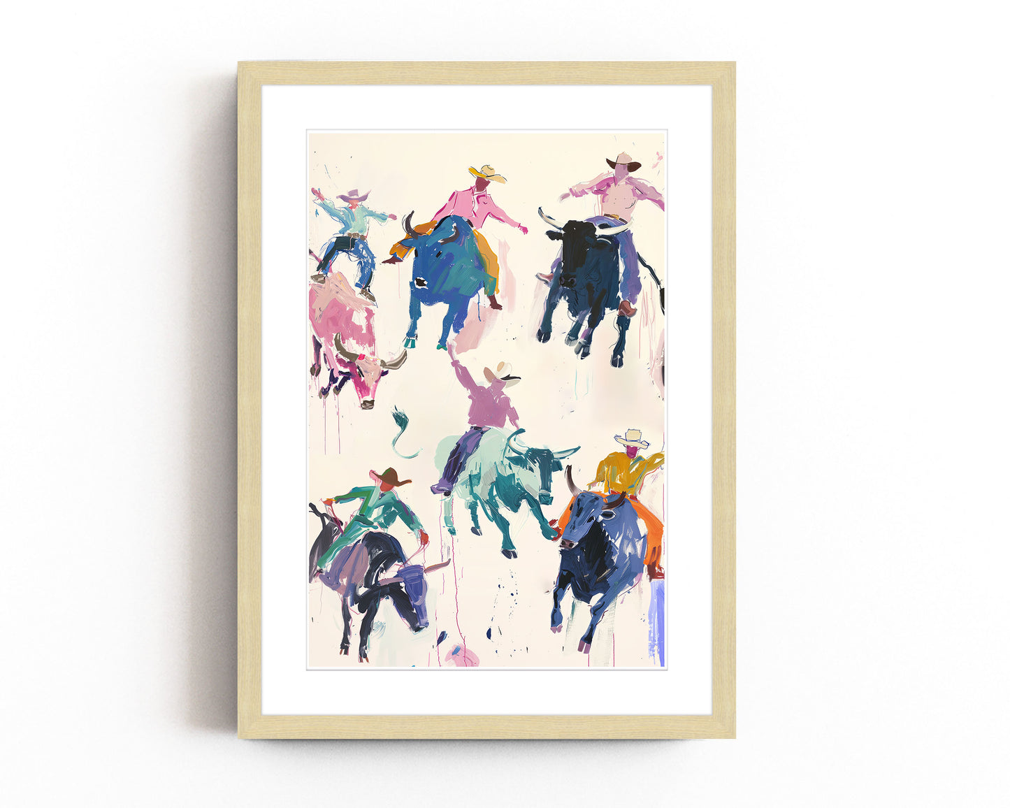 Colorful rodeo art print featuring vibrant cowboys riding bulls in a playful, abstract style. Perfect for modern western decor, contemporary rodeo wall art, and bold cowboy-inspired decor.