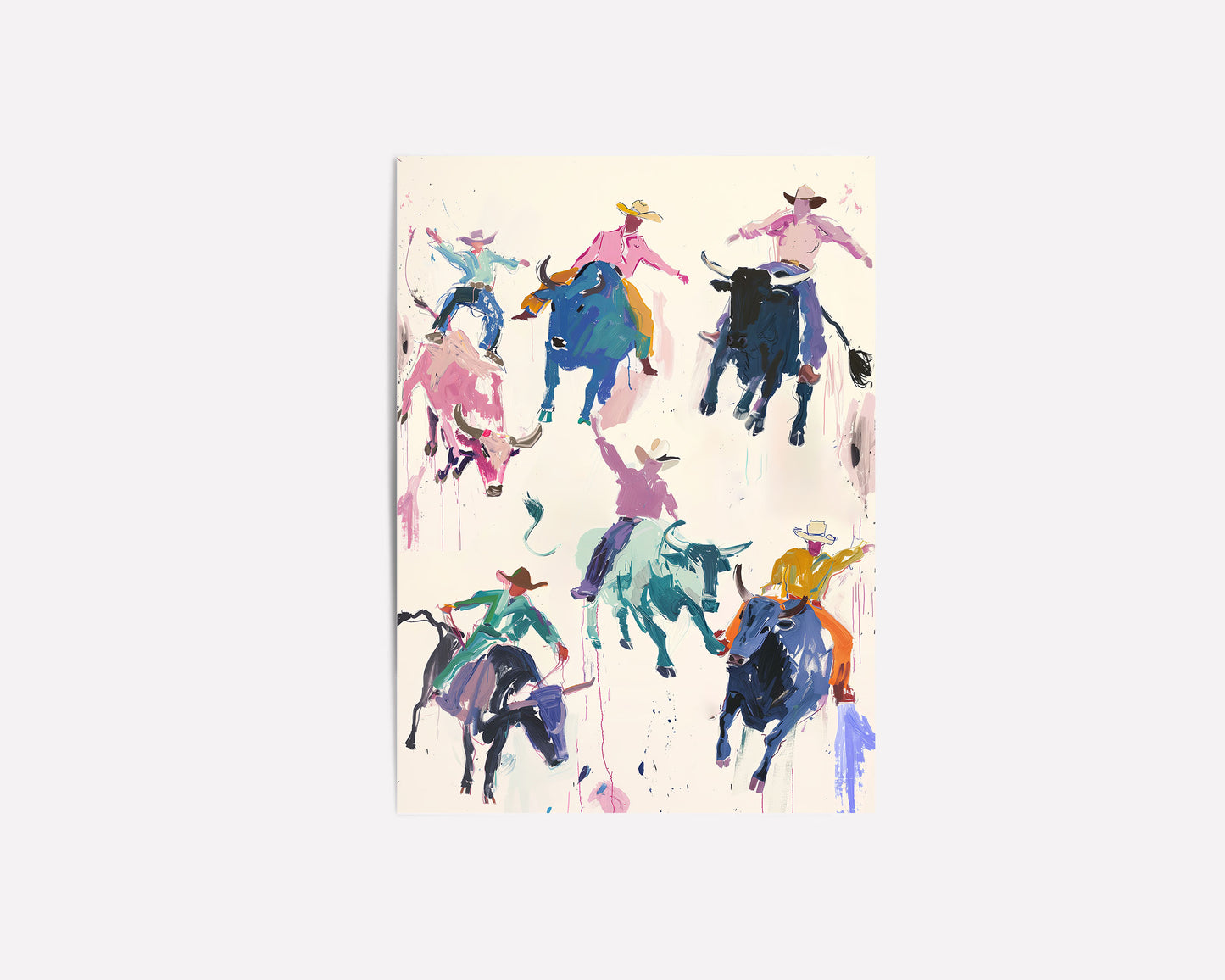 Colorful rodeo art print featuring vibrant cowboys riding bulls in a playful, abstract style. Perfect for modern western decor, contemporary rodeo wall art, and bold cowboy-inspired decor.