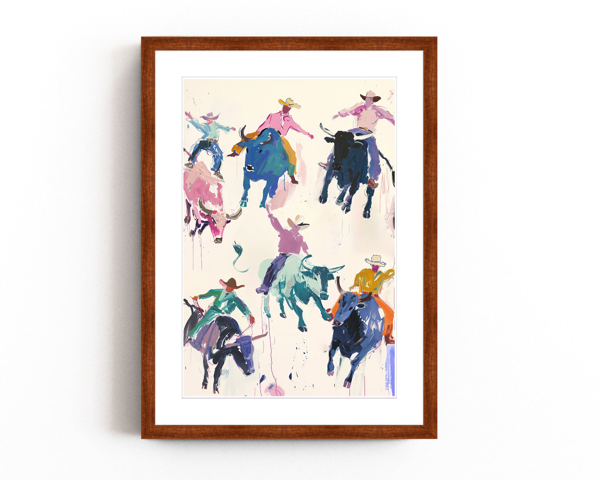 Colorful rodeo art print featuring vibrant cowboys riding bulls in a playful, abstract style. Perfect for modern western decor, contemporary rodeo wall art, and bold cowboy-inspired decor.