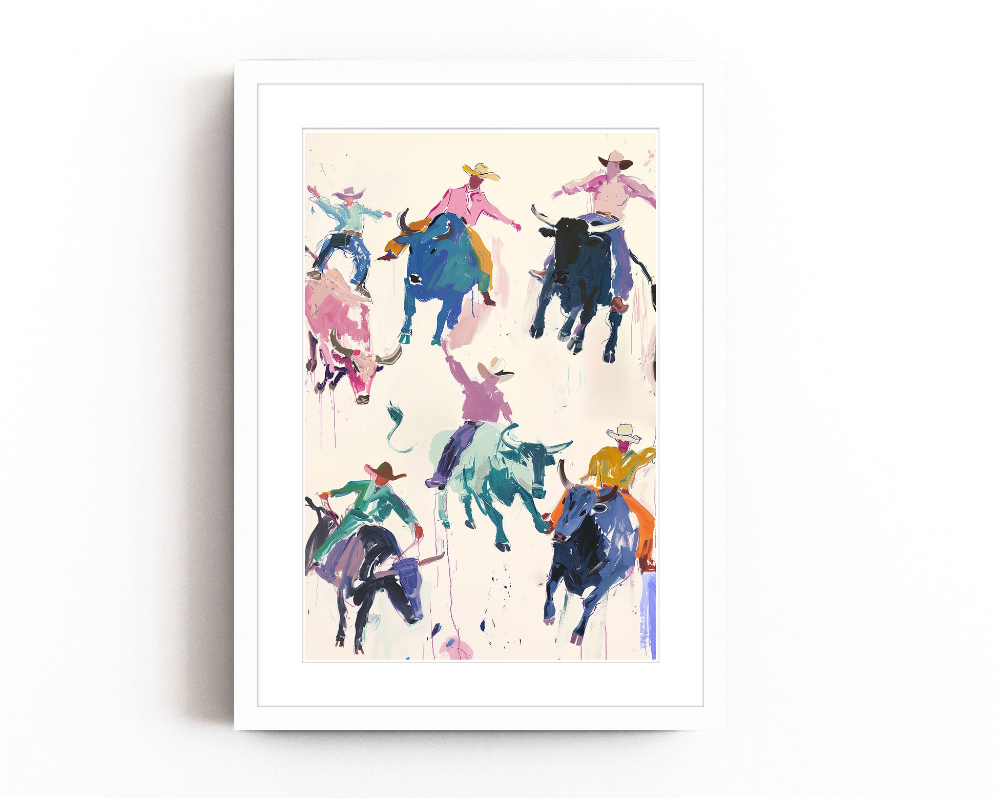 Colorful rodeo art print featuring vibrant cowboys riding bulls in a playful, abstract style. Perfect for modern western decor, contemporary rodeo wall art, and bold cowboy-inspired decor.