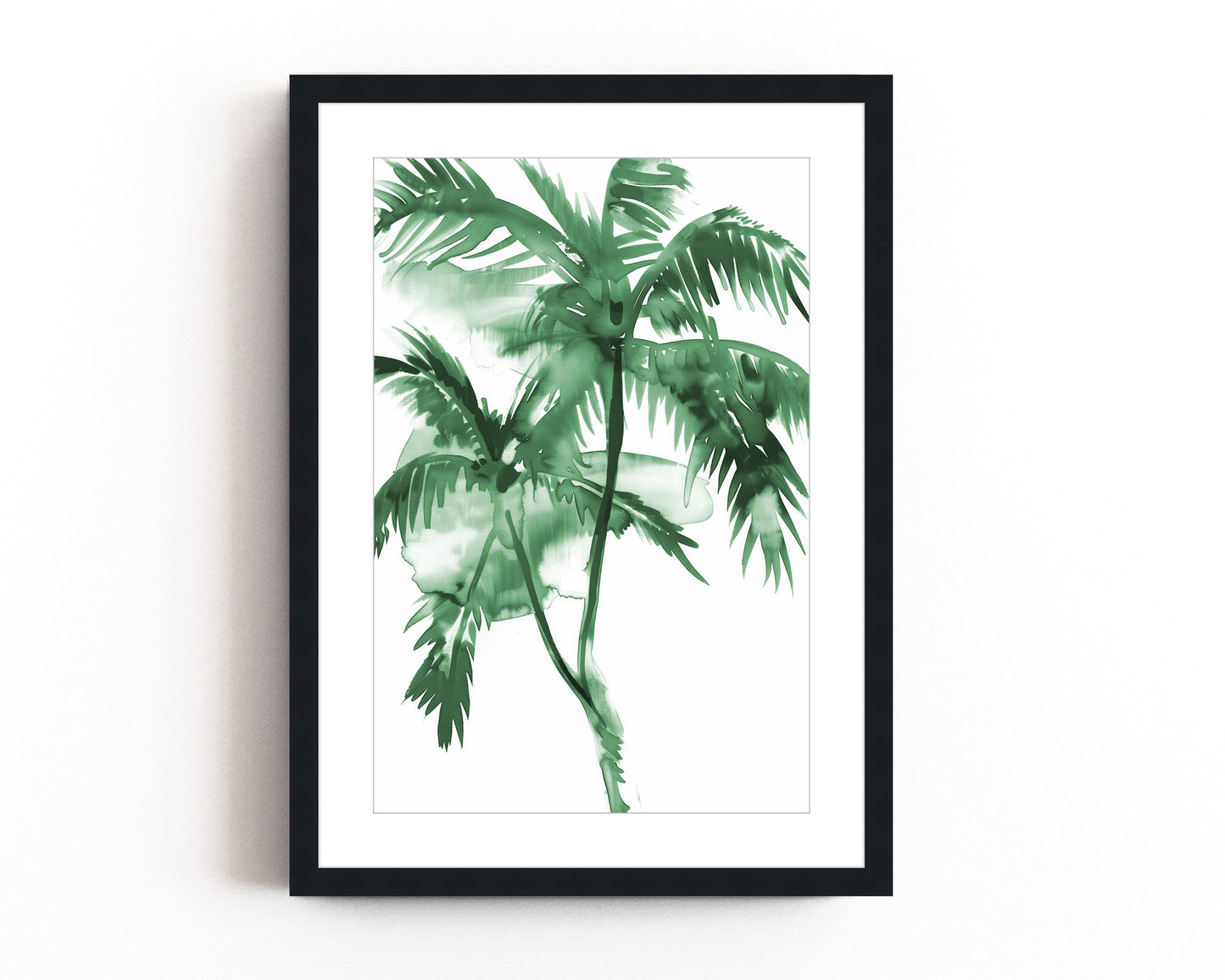 Green watercolor palm tree art print featuring tropical leaves in a minimalist style, perfect for modern nature-inspired decor.