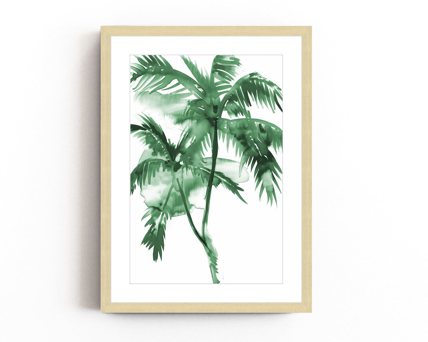 Green watercolor palm tree art print featuring tropical leaves in a minimalist style, perfect for modern nature-inspired decor.