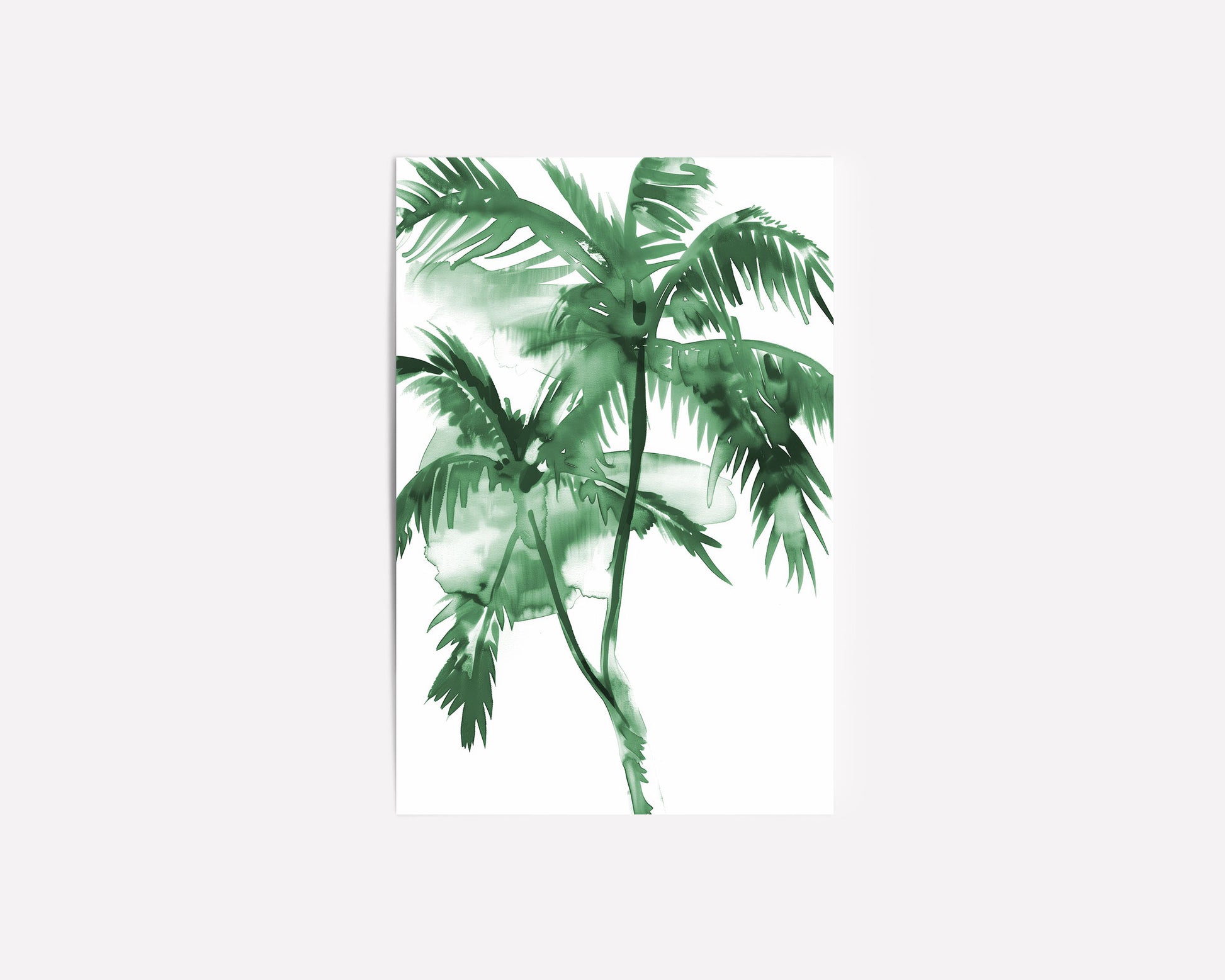 Green watercolor palm tree art print featuring tropical leaves in a minimalist style, perfect for modern nature-inspired decor.
