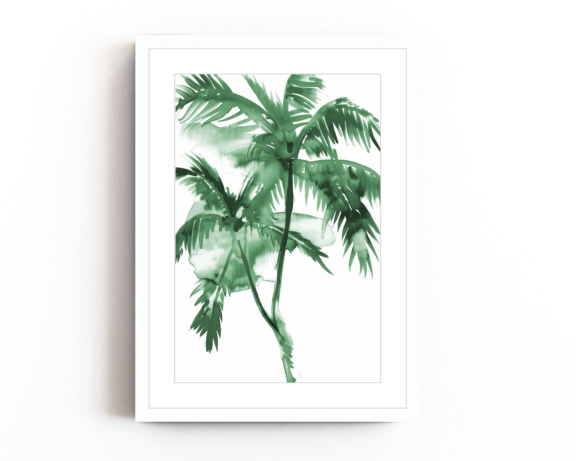 Green watercolor palm tree art print featuring tropical leaves in a minimalist style, perfect for modern nature-inspired decor.