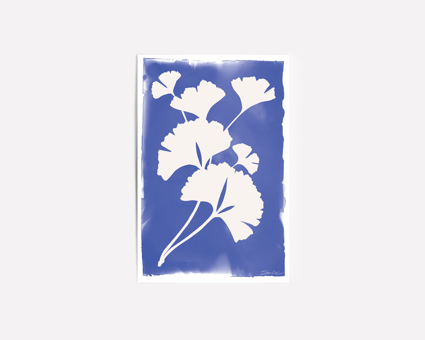 Botanical art print featuring minimalist ginkgo leaf silhouette in blue and white, perfect for nature-inspired and large size wall art.