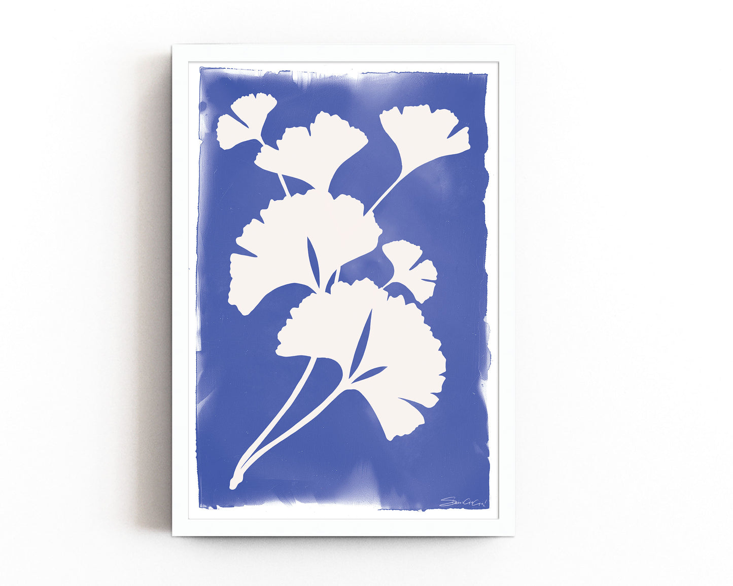 Botanical art print featuring minimalist ginkgo leaf silhouette in blue and white, perfect for nature-inspired and large size wall art.