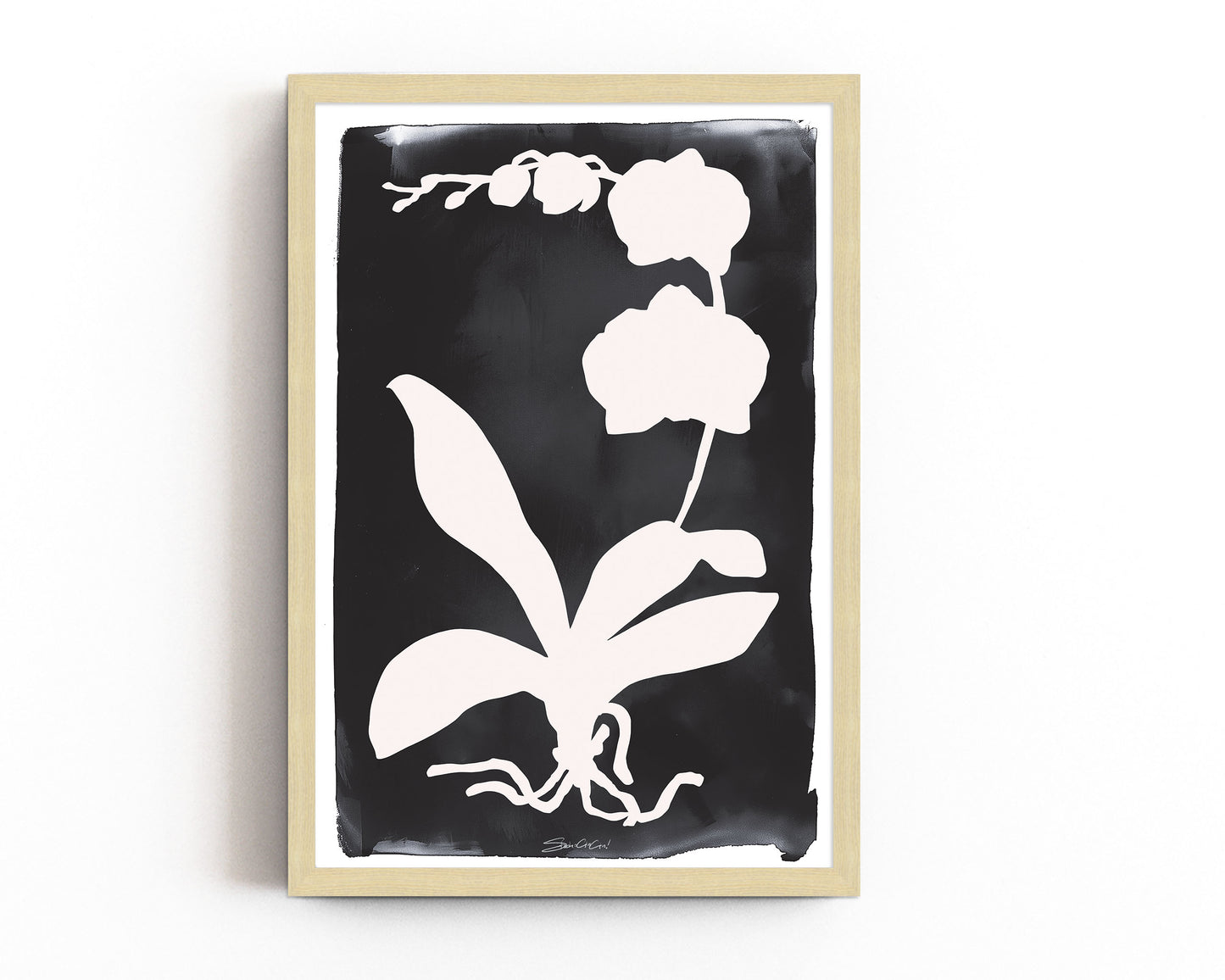 Minimalist orchid leaf and flower silhouette in white on a black background, creating a contemporary botanical art print for home decor.